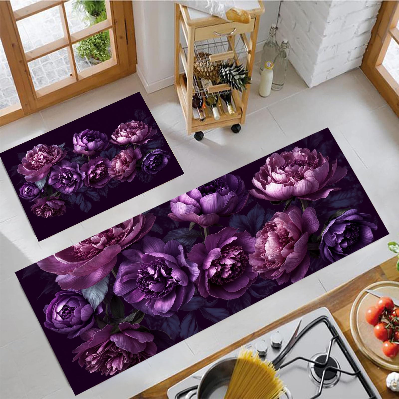 Tapis de cuisine anti-fatigue violet pour soulager le dos devant l'évier