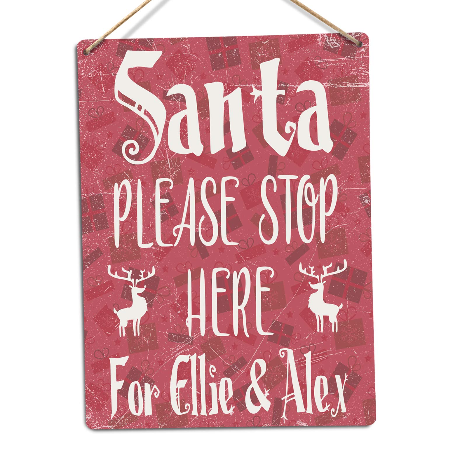 | Toasted Merch | Red Personalised Santa Please Stop Here (Red) | Twine – Metal Wall Sign Plaque