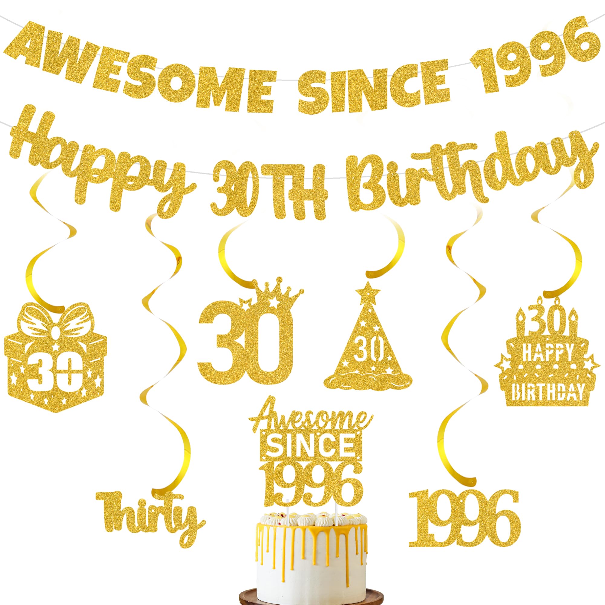 Gold Glitter 30th Birthday Banner - Awesome Since 1996 Decorations with Hanging Swirls and Cake Topper, Party Supplies for Women and Men 30 Year Old Celebration — image 1
