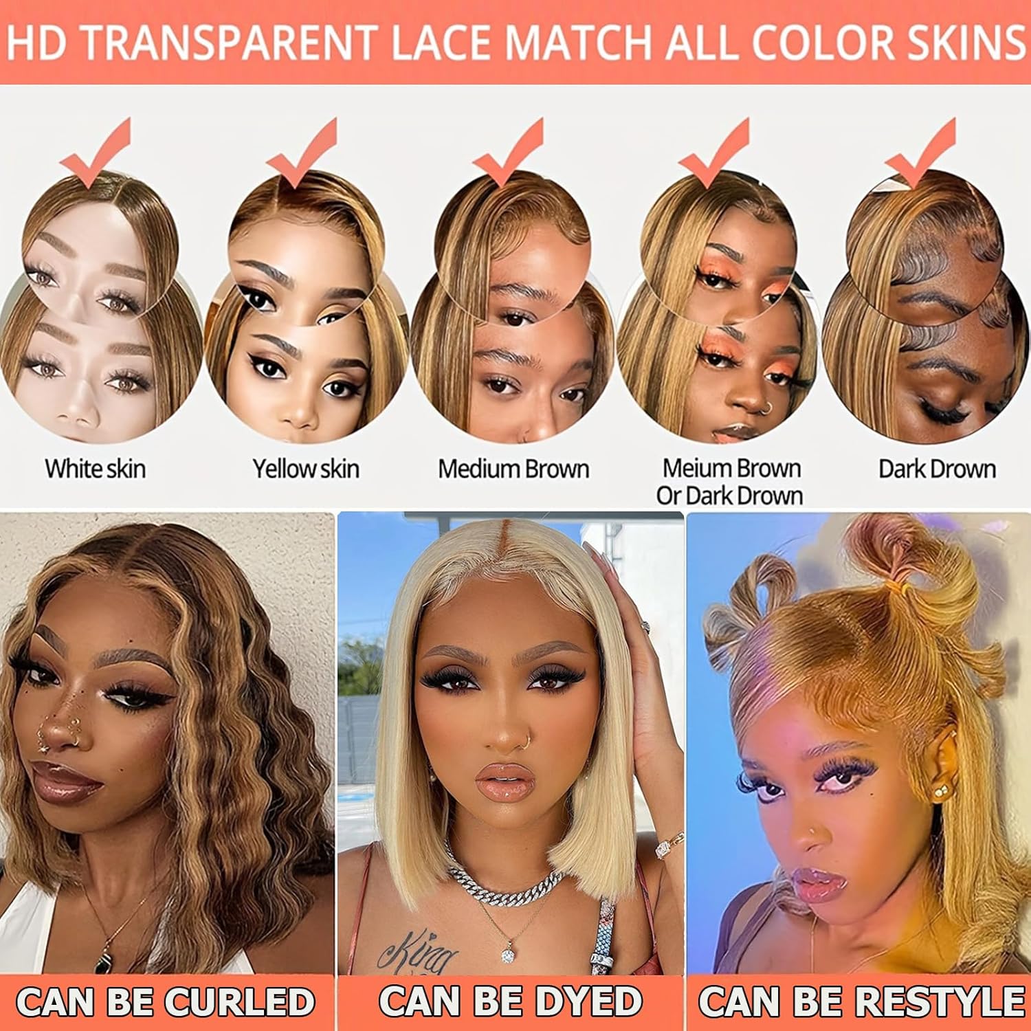 Highlight Bob Wig Human Hair 13x4 HD Lace Front Wigs Human Hair 4/27 Honey Blonde Bob Wigs Glueless Ombre Honey Blonde Bob Lace Frontal Wig Pre Plucked with Baby Hair for Black Women 8inch