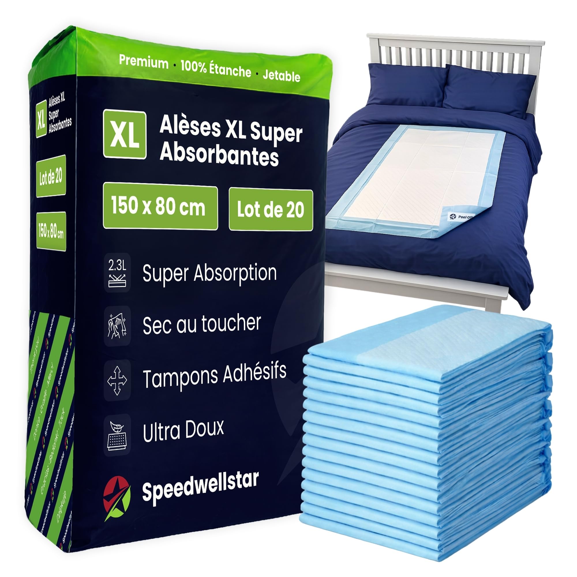Alèses de Lit pour Incontinence Jetables Extra Grandes 150 x 80 cm Lot de 20 Super Absorbantes 2300 ML Protège‑lit Étanche et Anti‑fuites pour Lit Simple ou Double Antidérapant par Speedwellstar