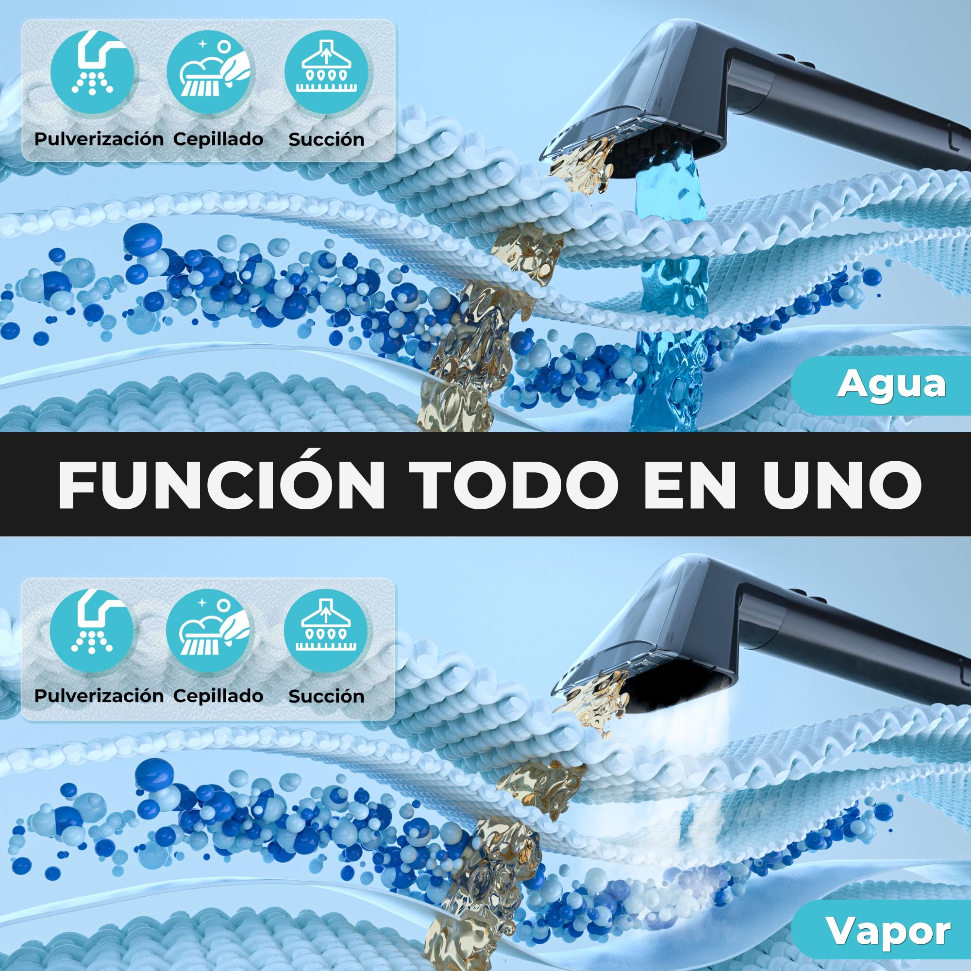 UMI Limpiador a Vapor y Aspiradora de Tapicerías, Limpieza Profunda | con 4 Modos, Calefacción 1200W, con Detergente y Cepillos, Para Sofás Colchones Alfombras, Depósitos 1,2L y 1,1L