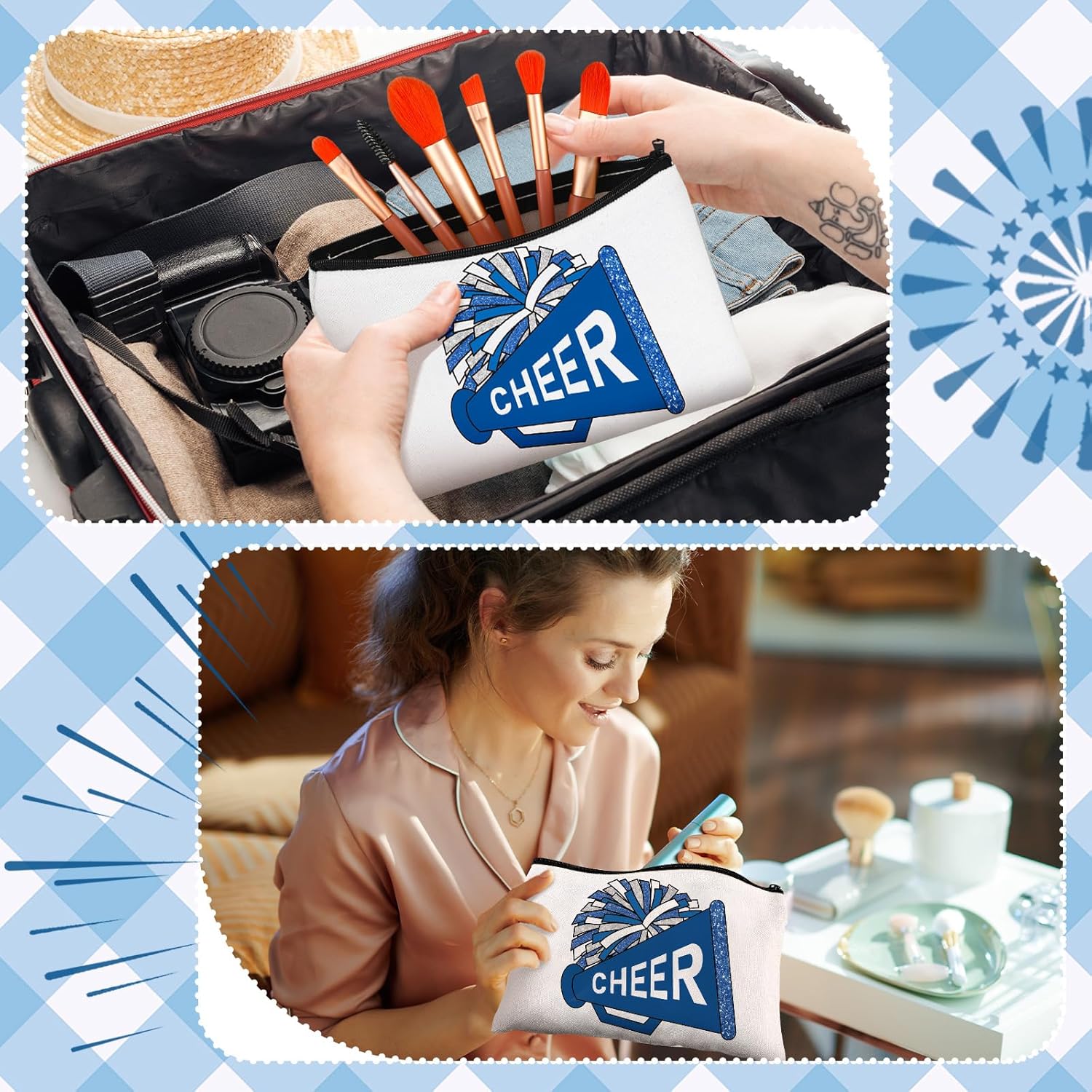 20 Pcs Cheer Makeup Bag Cheer Teams Senior Night Gifts Canvas Makeup Case Cheerleader Teams Gifts Zipper Pouch for Cheerleading Teammates Party Supplies(Blue) - Image 4