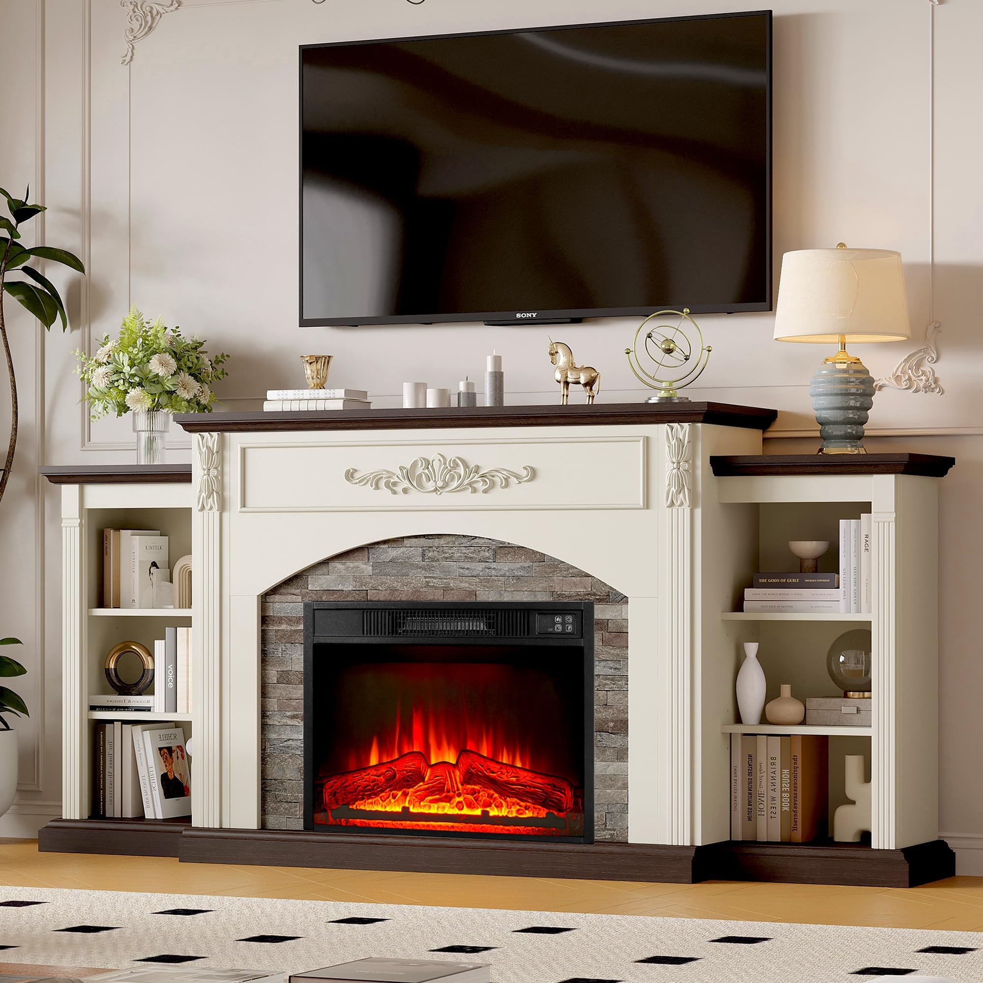 72" Electric Fireplace with Mantel, White TV Stand for TVs Up to 80 Inch, Farmhouse Entertainment Center with Storage for Bedroom,23'' Fireplace Insert Heater for Living Room