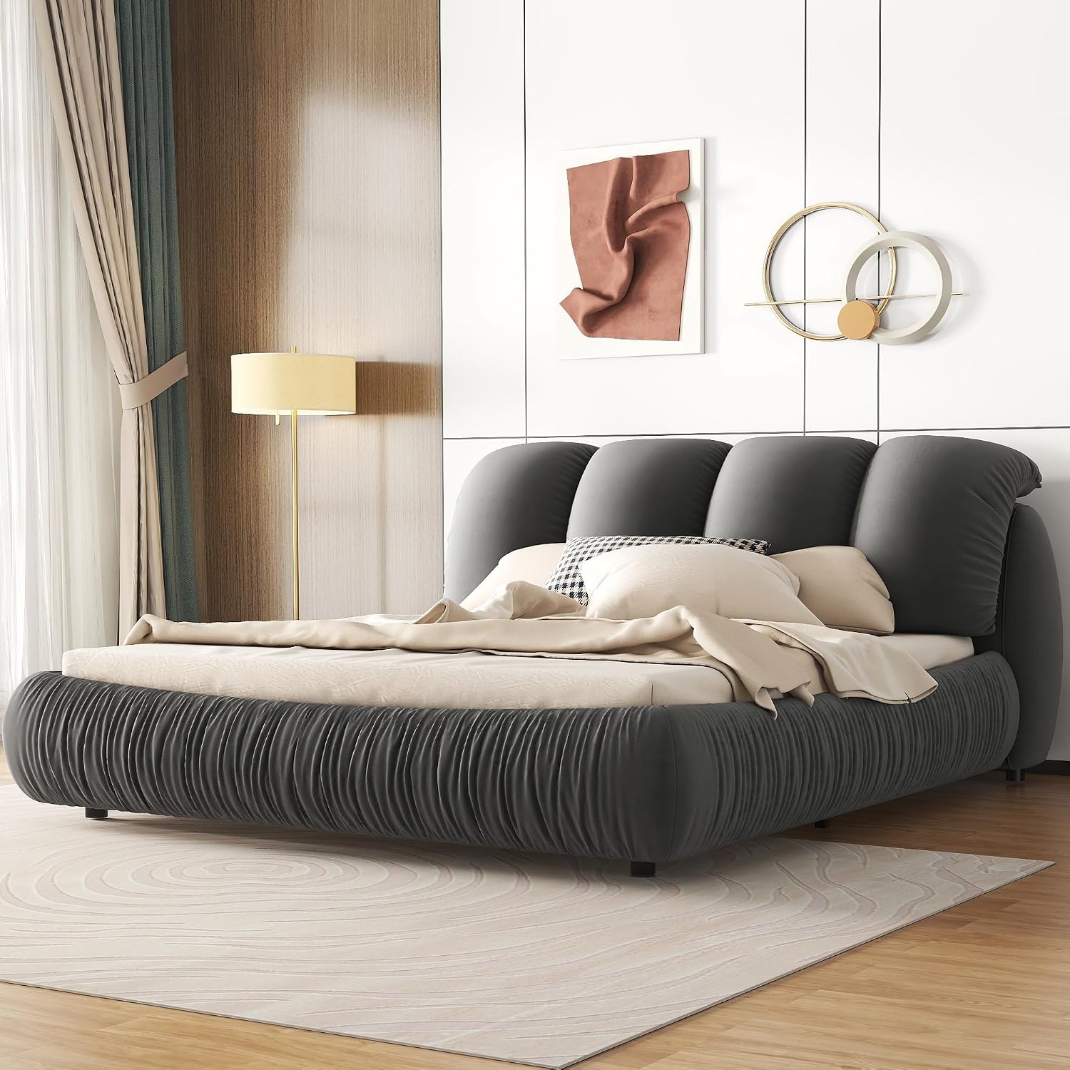 Queen Size Luxury Upholstered Bed With Thick Headboard, Vevet Queen Bed with Oversized Padded Backrest, Cinerous