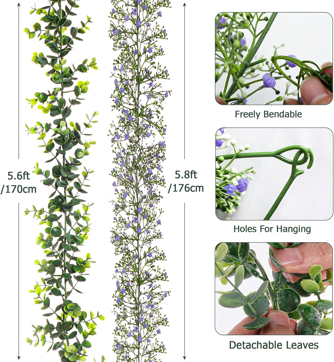 4PCS Faux Eucalyptus Garland Plant, Artificial Baby Breath Flower Vines Hanging Leaves Vines Hanging Leaves Greenery Wedding Backdrop Arch Wall Decor, Indoor Outdoor 5.8 Ft(Purple & Green) - Image 2