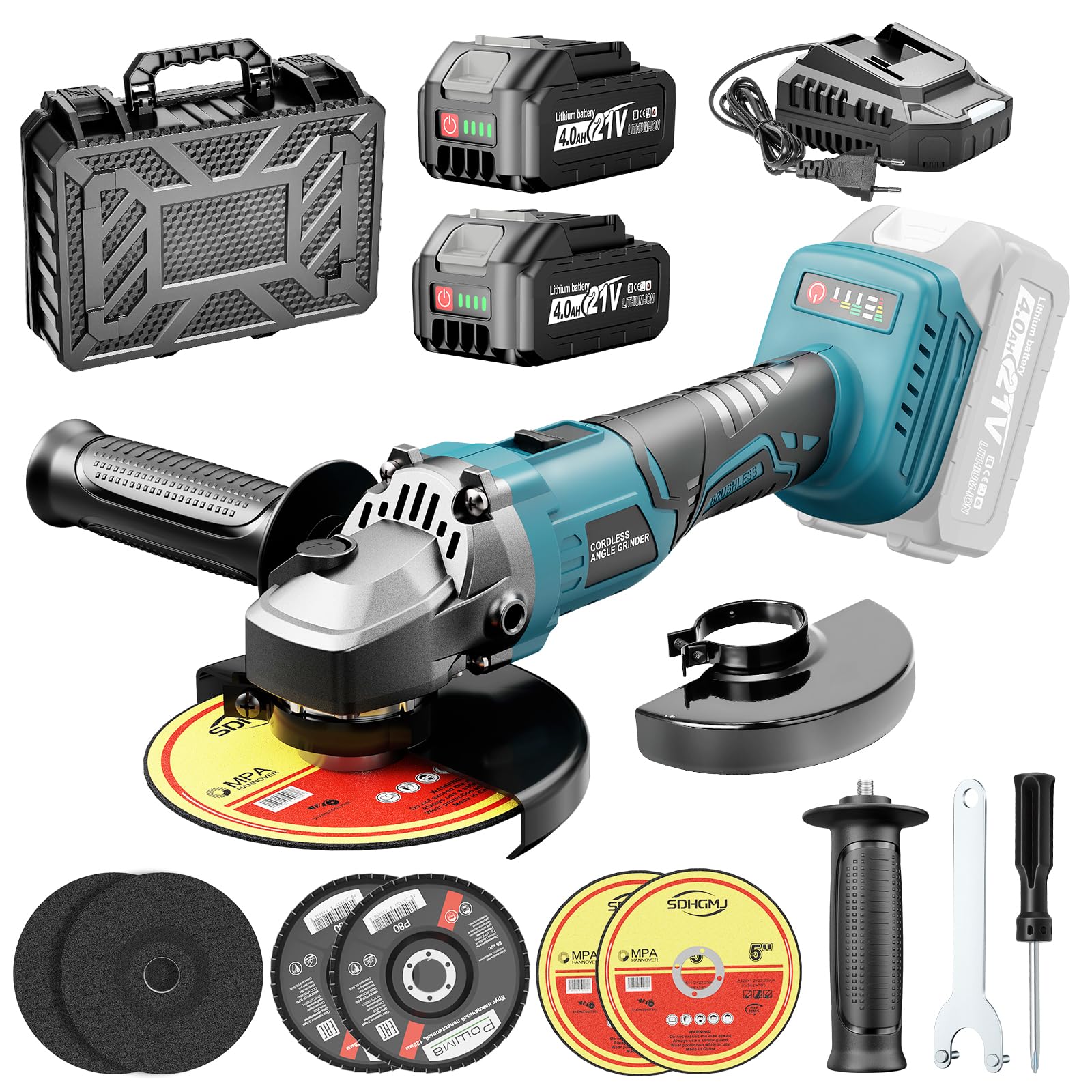 Yofuly Amoladora Angular Batería 125mm Compatible con Baterías Makita de 18V, 3 Velocidades 9000RPM Radial Eléctrica con Bateria de 2 * 4,0 Ah, Rebarbadora Bateria 6 Discos para Pulir/Lijar/Cortar