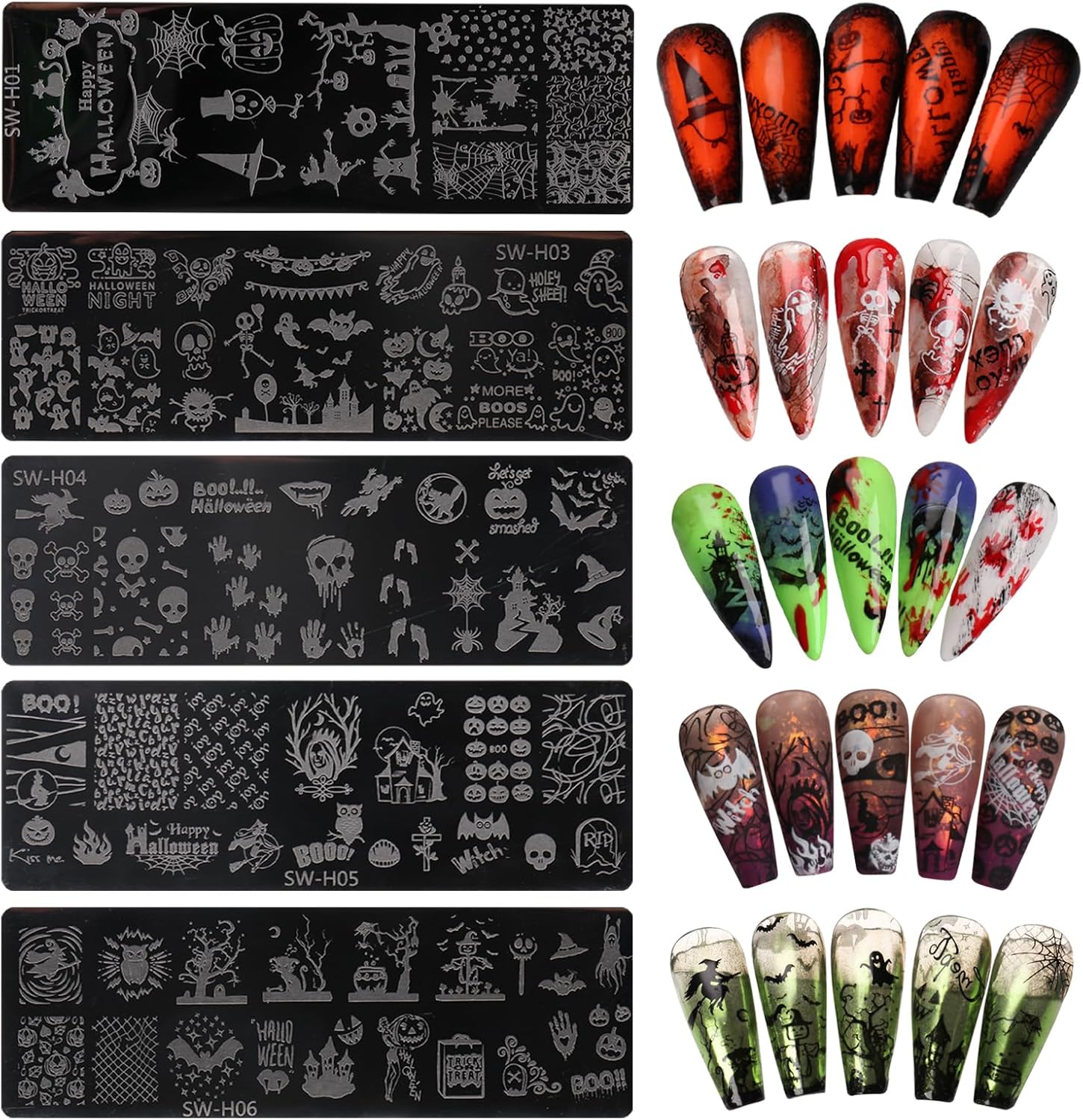 5pcs Halloween Nail Art Stamping Plate - Nail Template Ghost Skull Bat Pumpkin Spider Web Bloody Hand Stainless Steel Stencil Set Manicure Tools DIY Salon Nail Supplies