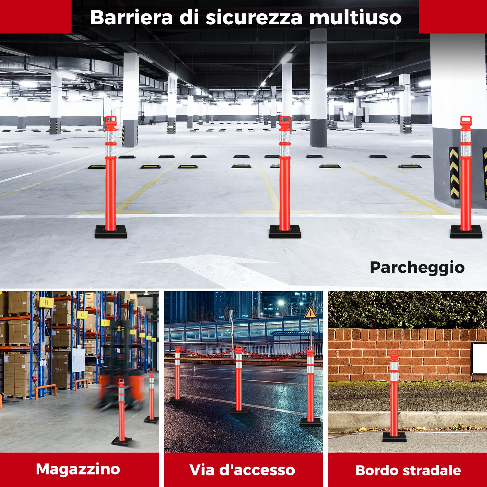 COSTWAY Set di 3 Segnaletici Stradali, Barriera di Sicurezza per Traffico con Base in Gomma, Strisce Riflettenti, Maniglia, 30 x 30 x 114,5 cm