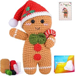 Yaofafa Christmas Gingerbread Man Crochet Kits for Beginners Adults - Complete Crochet Kits for Adults with Step-by-Step Video Tutorials, Easy DIY Gift Craft Set in Festive Christmas