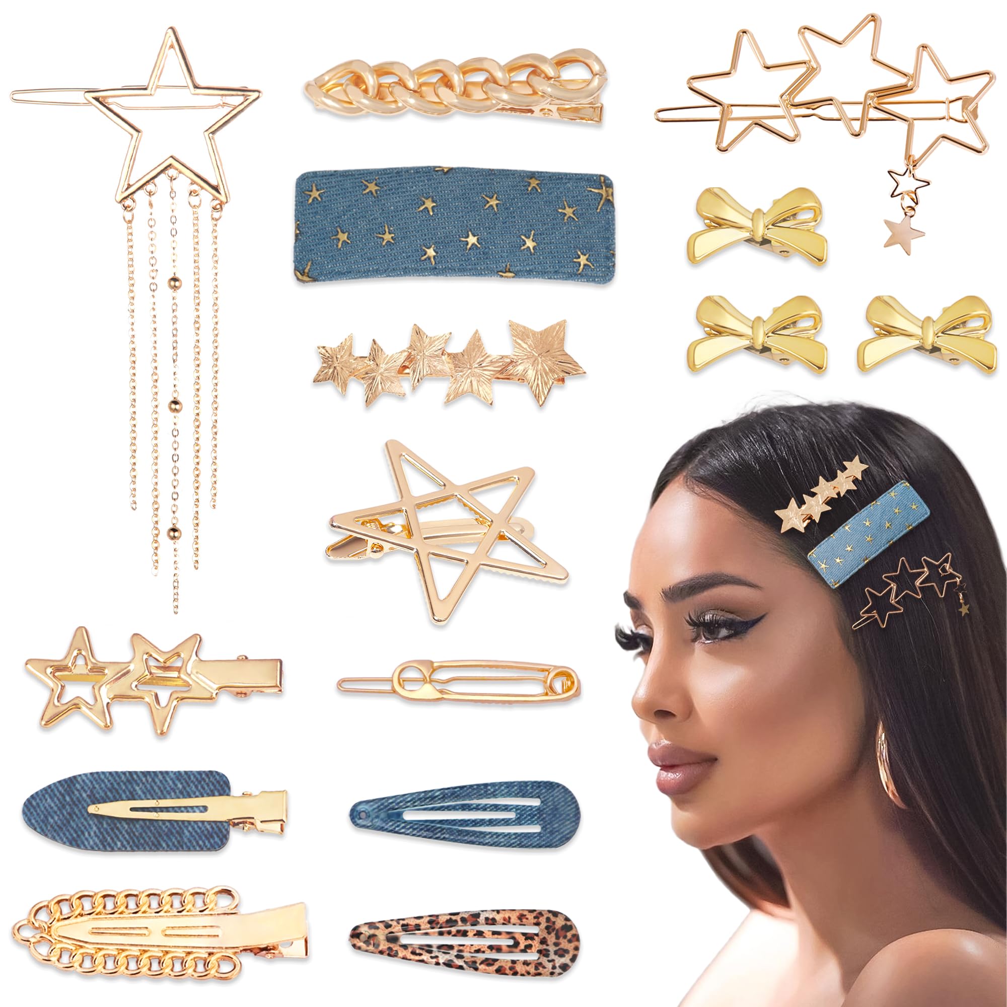 Arocooy 15PCS Gold Star Hair Clips Cute Hair Bows Pentagram Pendant Metal Claw Clips Mini Non Slip Alligator Hair Clip Cowboy Y2K Hair Accessories for Women Girls