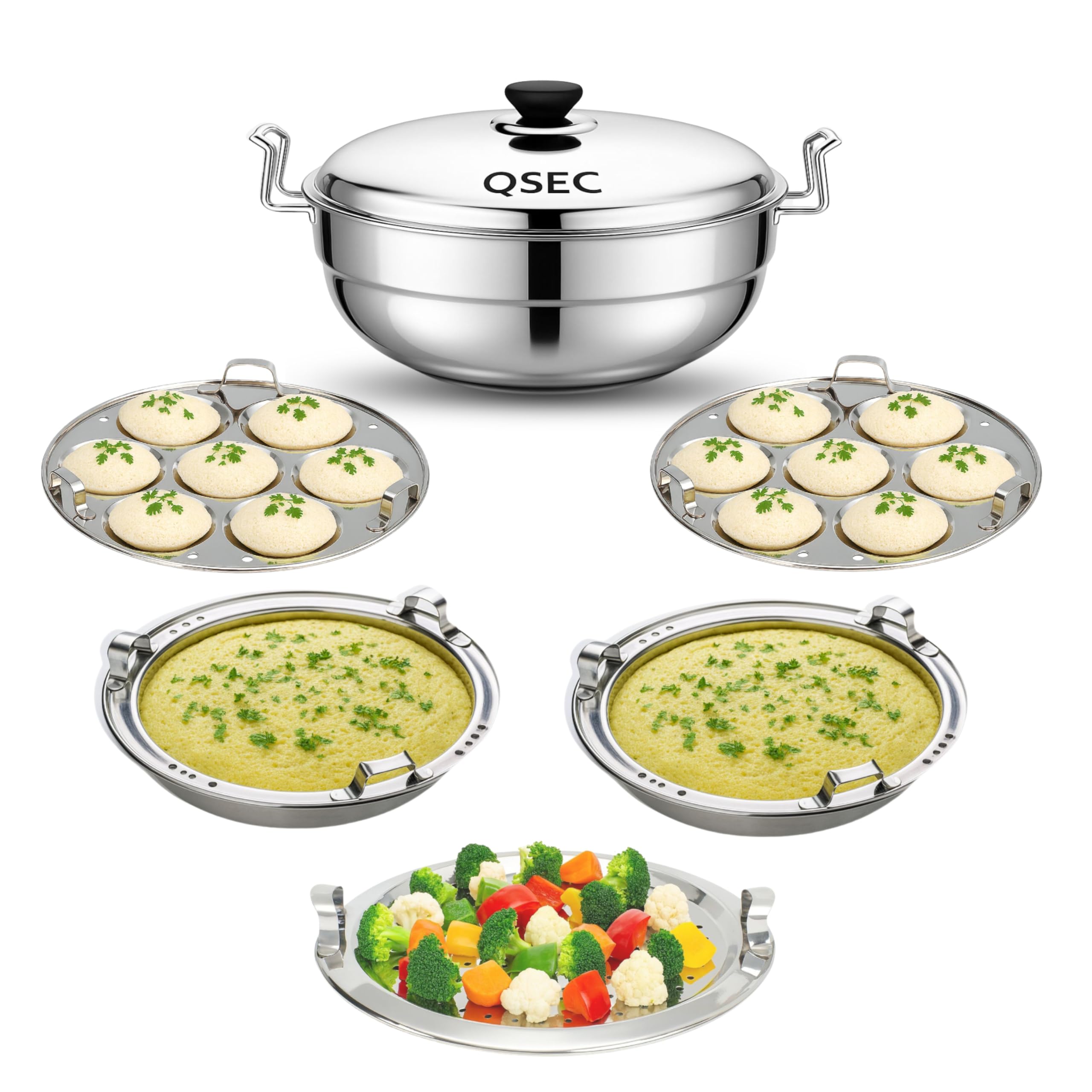 QSEC 3-layer triply base stainless steel idli maker Multi Kadai idly Steamer dhokla cooker | 3 layer thick Base All-in-One Big Size with 5 Plate | 2 idli | 2 Dhokla | 1 Patra | Induction & Gas stove Compatible | Sandwich Bottom Multipurpose kadai