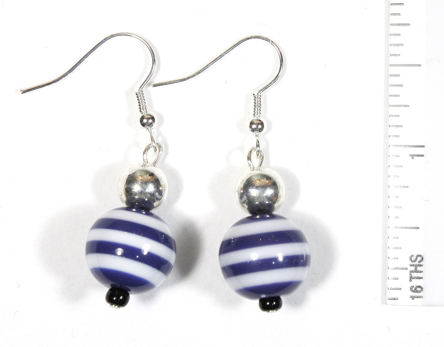 Navy Lover, Dark Navy Blue Striped Earrings on Silvertone French Wires
