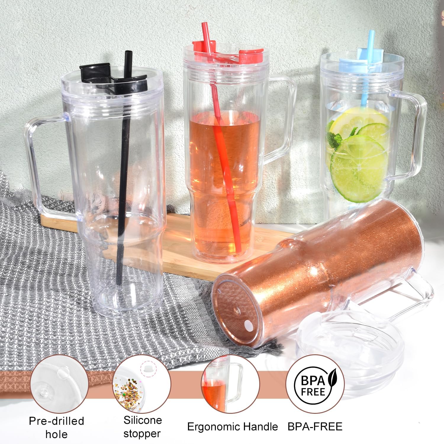 40 Oz Plastic snow globe tumbler with Handle, 8 Pack Pre-Drilled Double Wall Acrylic Clear For Glitter Snow Globe Diy, Double Wall For Glitter Snow Globe, Snowglobe Tumbler Supplies - Image 5