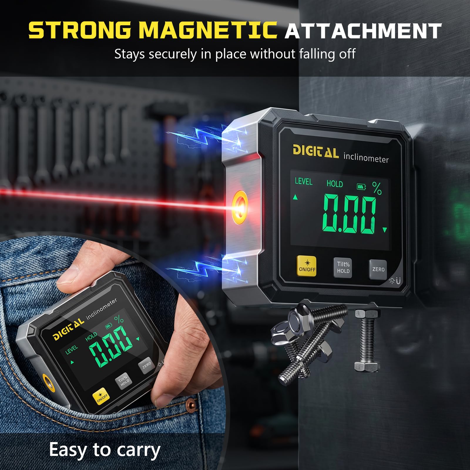 Digitaler Winkelmesser mit Laser, Neigungsmesser Digital, 4-Seitiges Digitaler Winkelmesser Magnetisch, LCD Display, IP54 Wasserdicht, ±0,1° Präzision Inklinometer für BAU, Maschinen, Dekoration