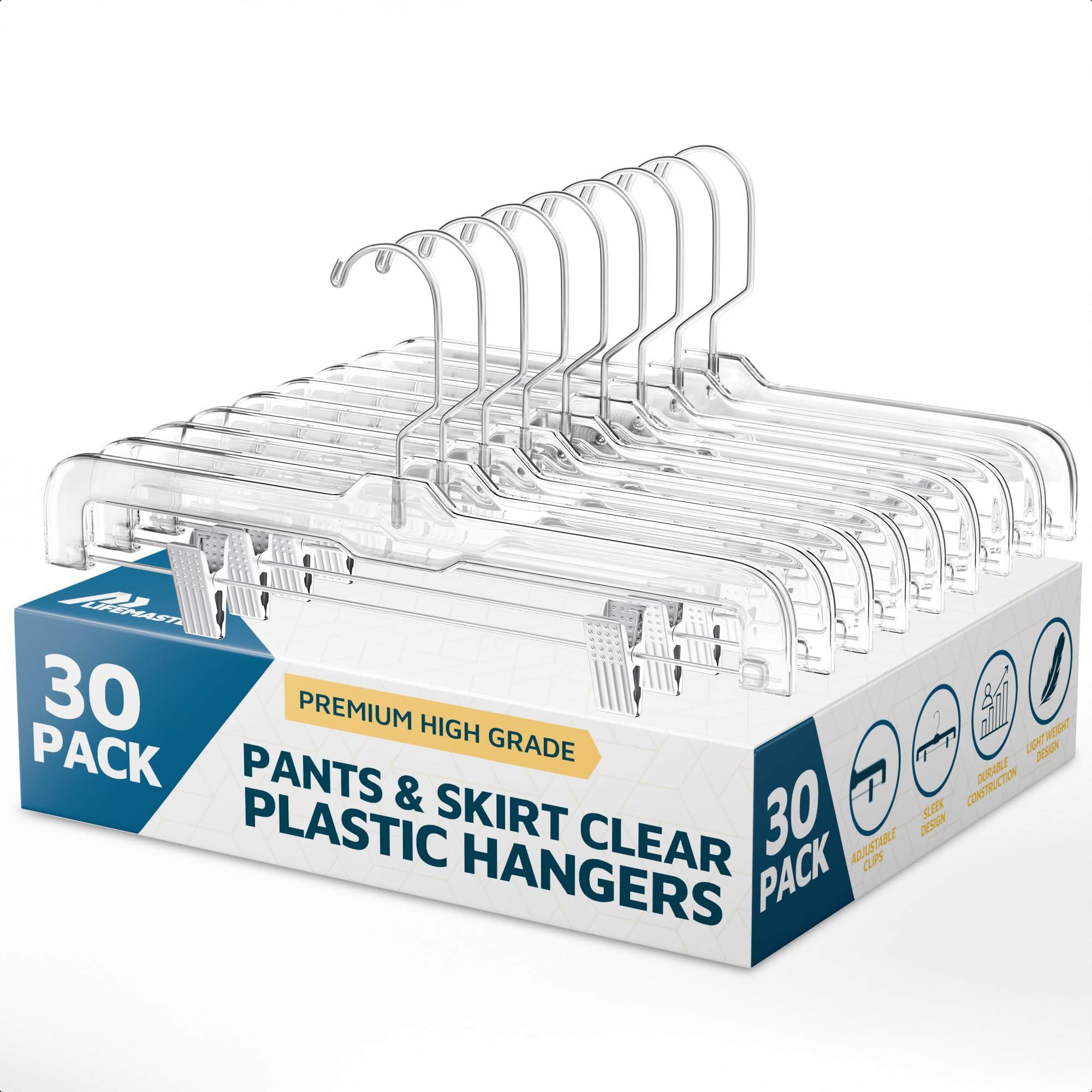Lifemaster Clear Plastic Hangers - 30 Pieces 14 Inches Anti-Slip Space-Saving, Closet Organization Solution - Pants, Trousers, Skirts, Jeans Hangers with 360° Swivel Hook and Adjustable Clips - Clear