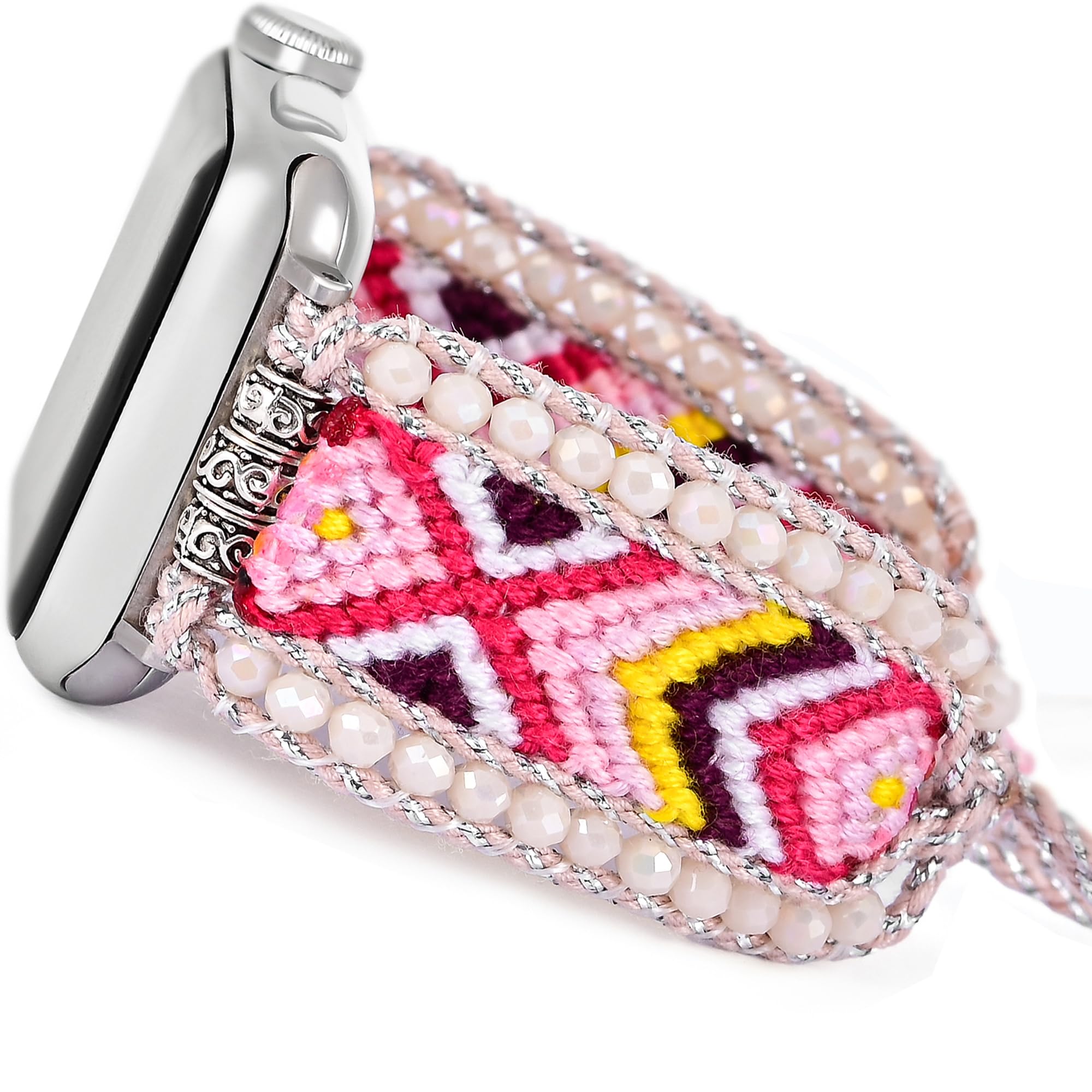 Fancy Woven Braided Nylon Band Compatible with Apple Watch Bands 40mm 41mm 38mm, Retro Boho Friendship Bracelet Handmade Bohemian Beaded Adjustable