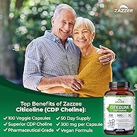 Vista 2 de Zazzee Extra Strength Citicoline, 500 mg per Serving, 100 Vegan Capsules, Superior CDP Choline Form, 100% Vegetarian and Pharmaceutical Grade