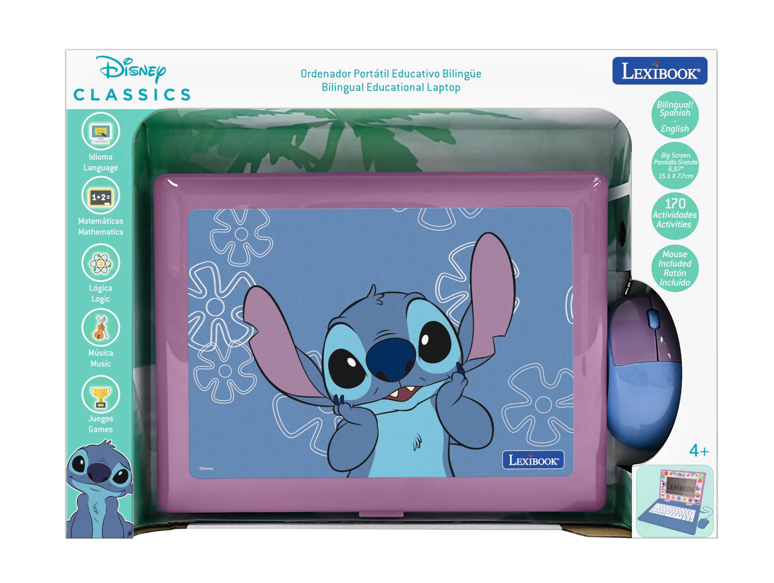 LEXIBOOK, Stitch, Portátil Educativo, JC599Di2LXB | Inglés/Español, 170 actividades, pantalla grande, juegos y música