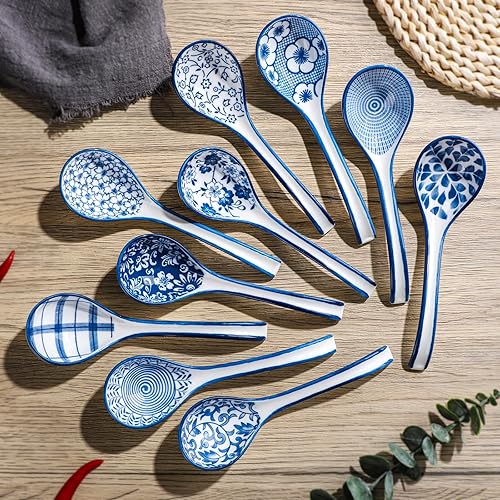 Miniatura 3 de Cucharas de sopa de cerámica asiática cucharas de sopa juegos de 4 cucharas de sopa japonesas de mango largo, cucharas de ramen de porcelana azul