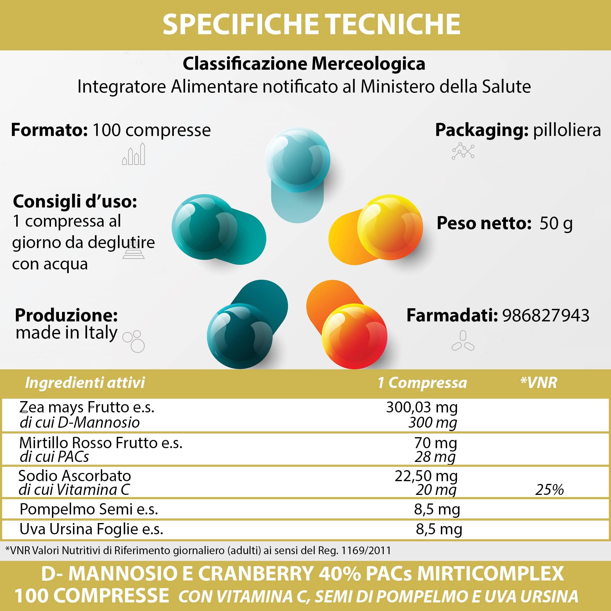 D - Mannosio e Cranberry 40% PAC Mirti Complex con Semi di Pompelmo, Uva Ursina e Vitamina C |1000 compresse 1 al dì | Mirtillo Rosso ad Alto Dosaggio