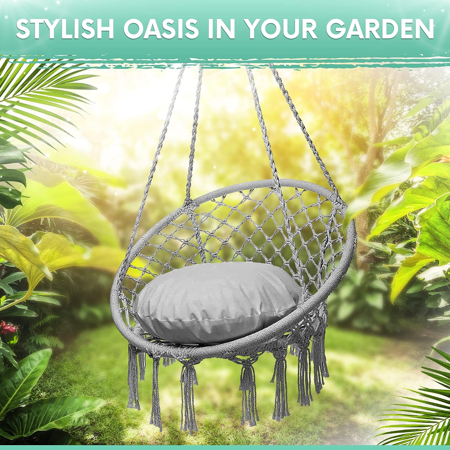 Project One Macrame Hanging Hammock Chair, Hand Woven Rope Hammock Swing Chair for Indoor, Outdoor, Home, Bedroom, Patio, Deck, Garden (Grey)