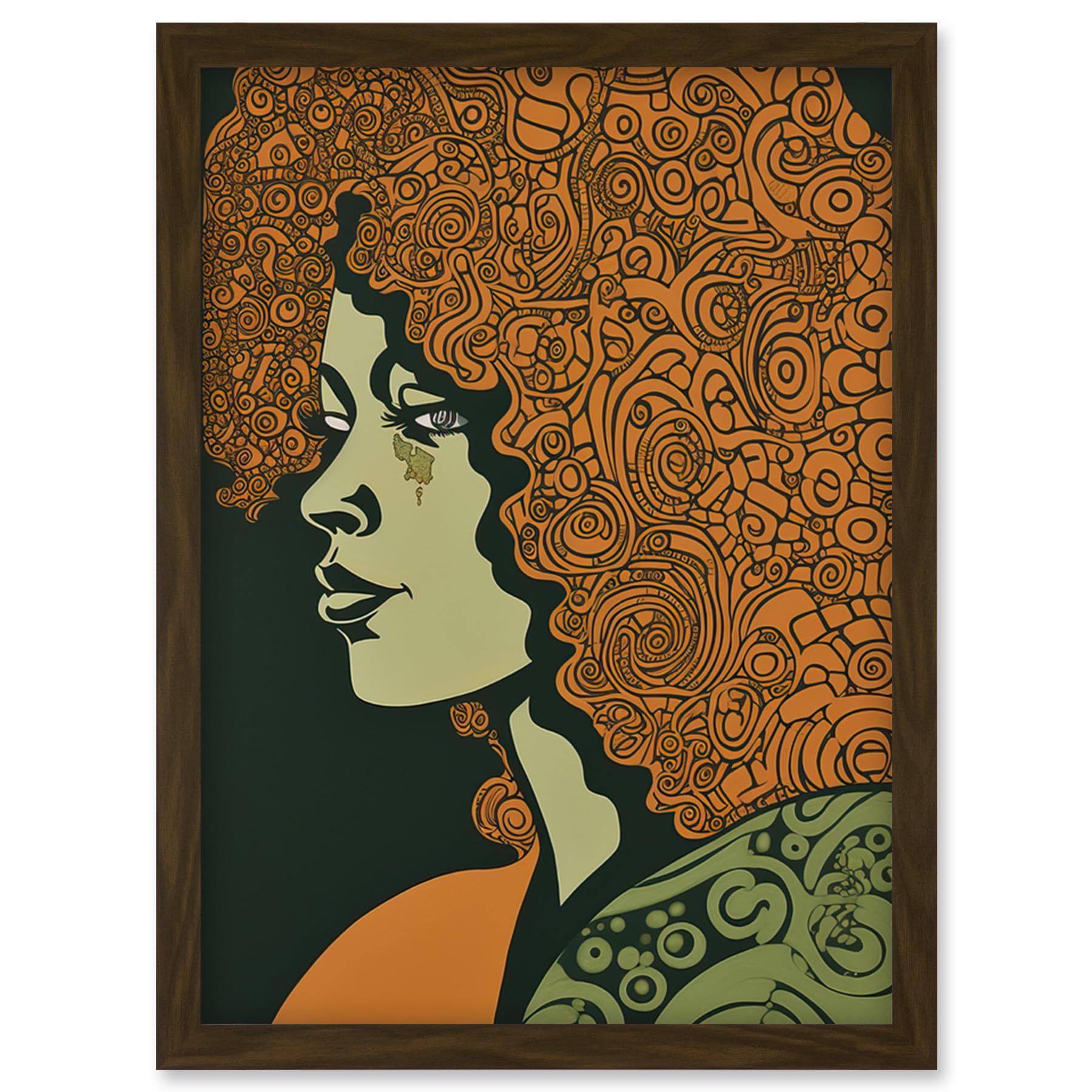 Artery8 Woman Portrait Illustration with Pattern Afro Hair Artwork Framed Wall Art Print A4