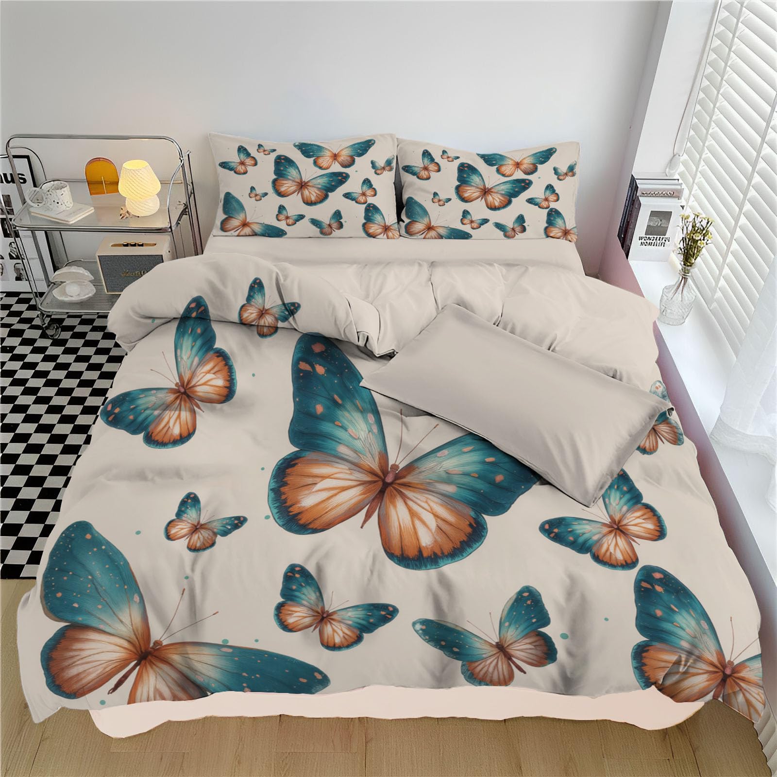 Parure de lit nature turquoise 240x260cm avec housse et taies papillons