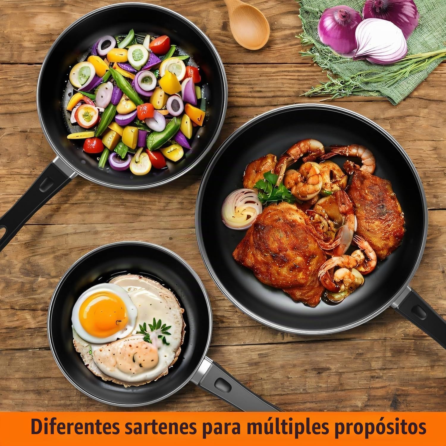Kiseely Juego de sartenes antiadherentes de 24cm, 26cm y 30 cm (3 piezas), resistentes al calor, sin PFAS, aptas para todo tipo de cocinas, incluida la inducción (AG1)