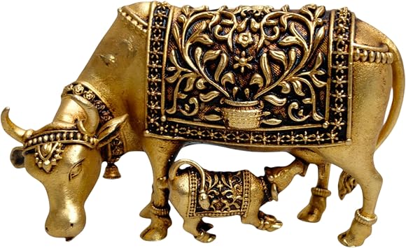 Sacred Kamdhenu Cow and Calf Idol 3.25 Inch, 100g Brass Hindu Cow Murti Statue for Home & Office Decor, Auspicious Collectible Idol, Good Fortune & Prosperity Gift, Traditional Religious Puja Item
