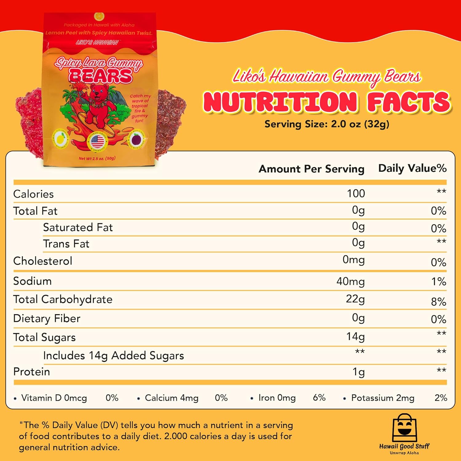 Hawaiian Spicy Lava Gummy Bears with Li Hing & Lemon Peel – Sweet, Sour, Salty Candy Made in Hawaii – Spicy Tropical Gummy Snack, Gluten Free – 2.5 oz Bags, 5 Pack