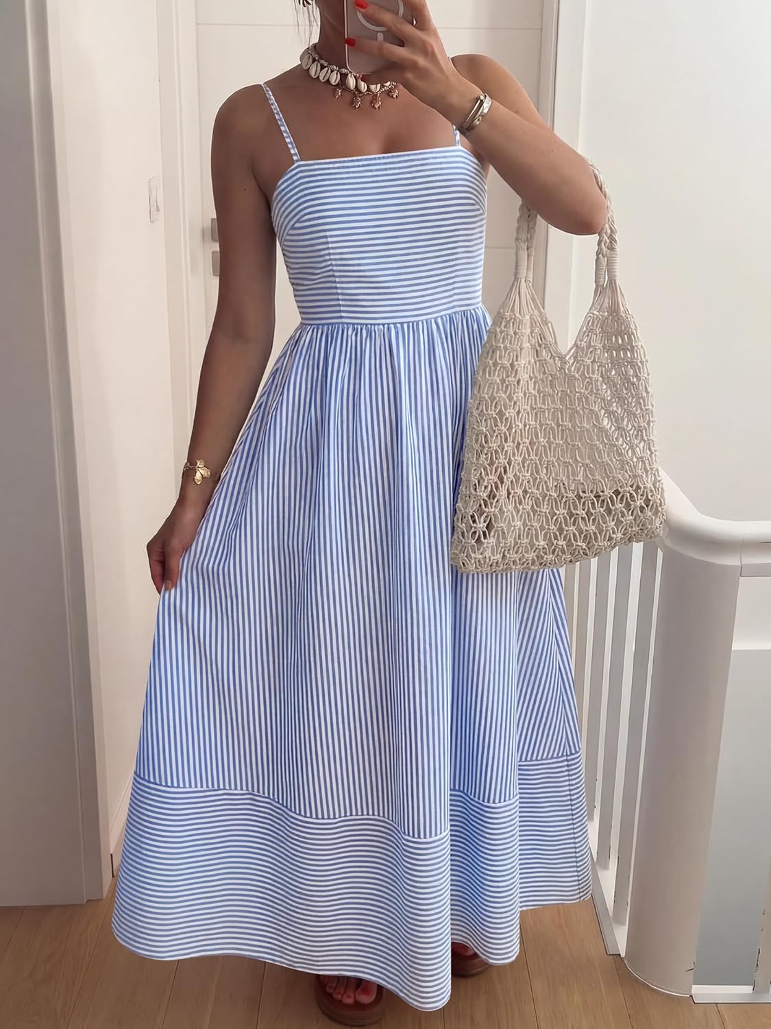 Caracilia Womens Maxi Dresses Gingham Spaghetti Strap Back Smocked Flowy Long Sundress Summer Beach Vacation Clothes 2026 - Image 5