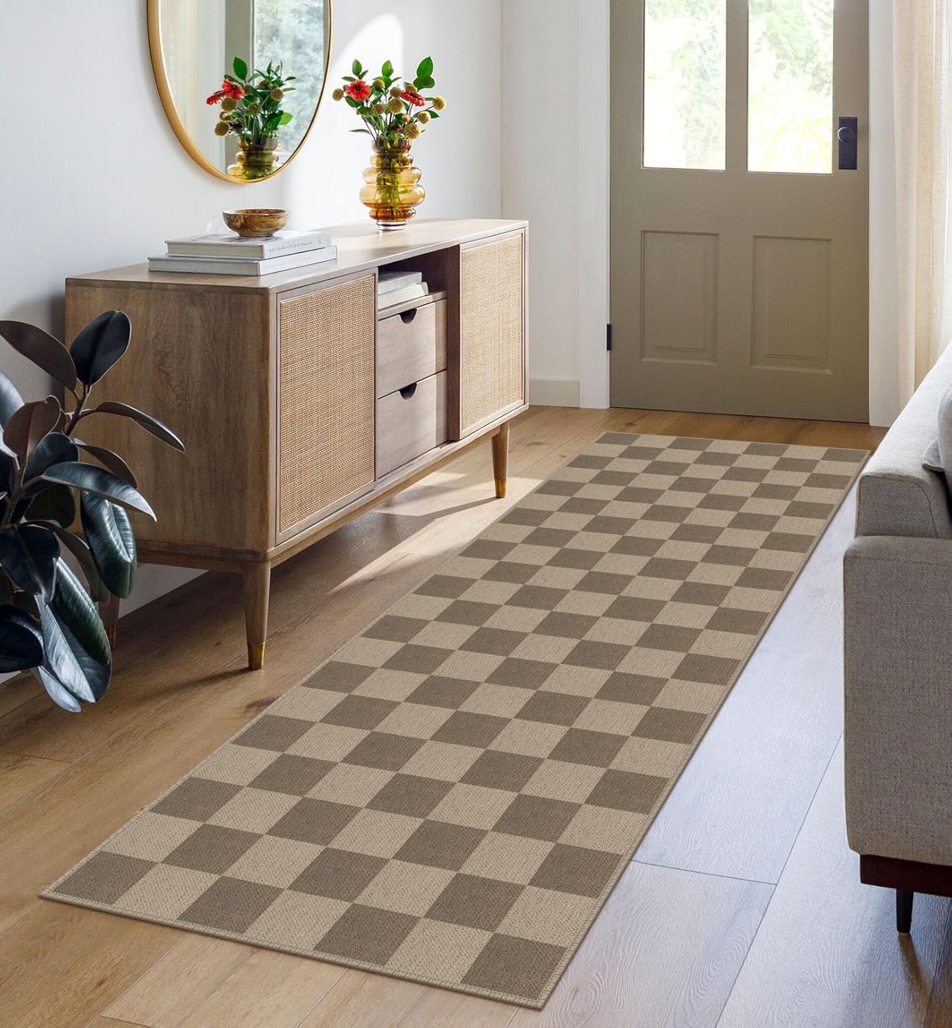 Easy Jute Checkered Runner Rug, 2x6 Brown Modern Washable Rugs Runner for Hallway Non-Slip Kitchen Runner Rug, Farmhouse Checkerboard Indoor Outdoor Carpet for Porch Laundry Entryway - Image 5