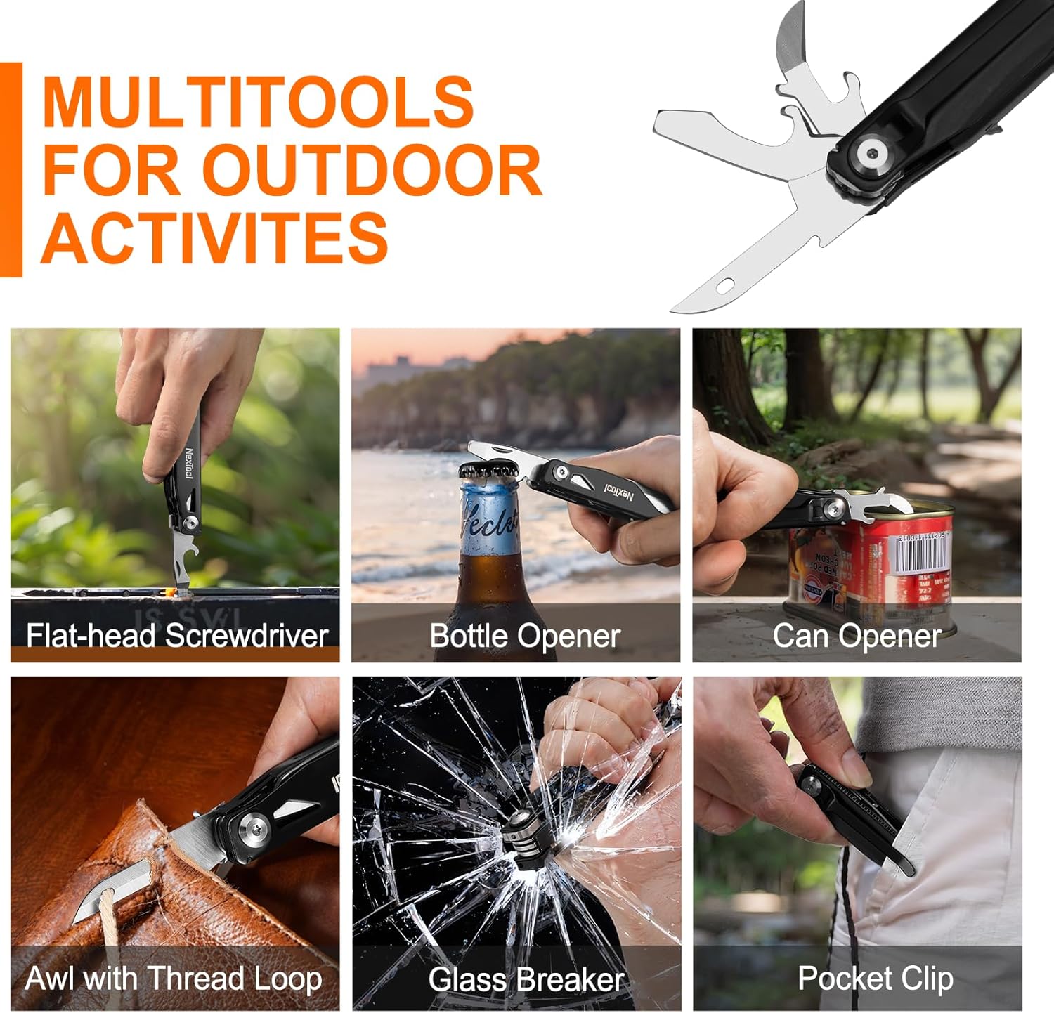 NexTool Multi Tool Pocket Knife, Folding Multitool Knife with Scissors, Screwdriver, Bottle Opener, 11 in 1 Multi-Tool One Hand Accessible with Safety Lokcing for Camping/Emergencies/EDC (Knight)