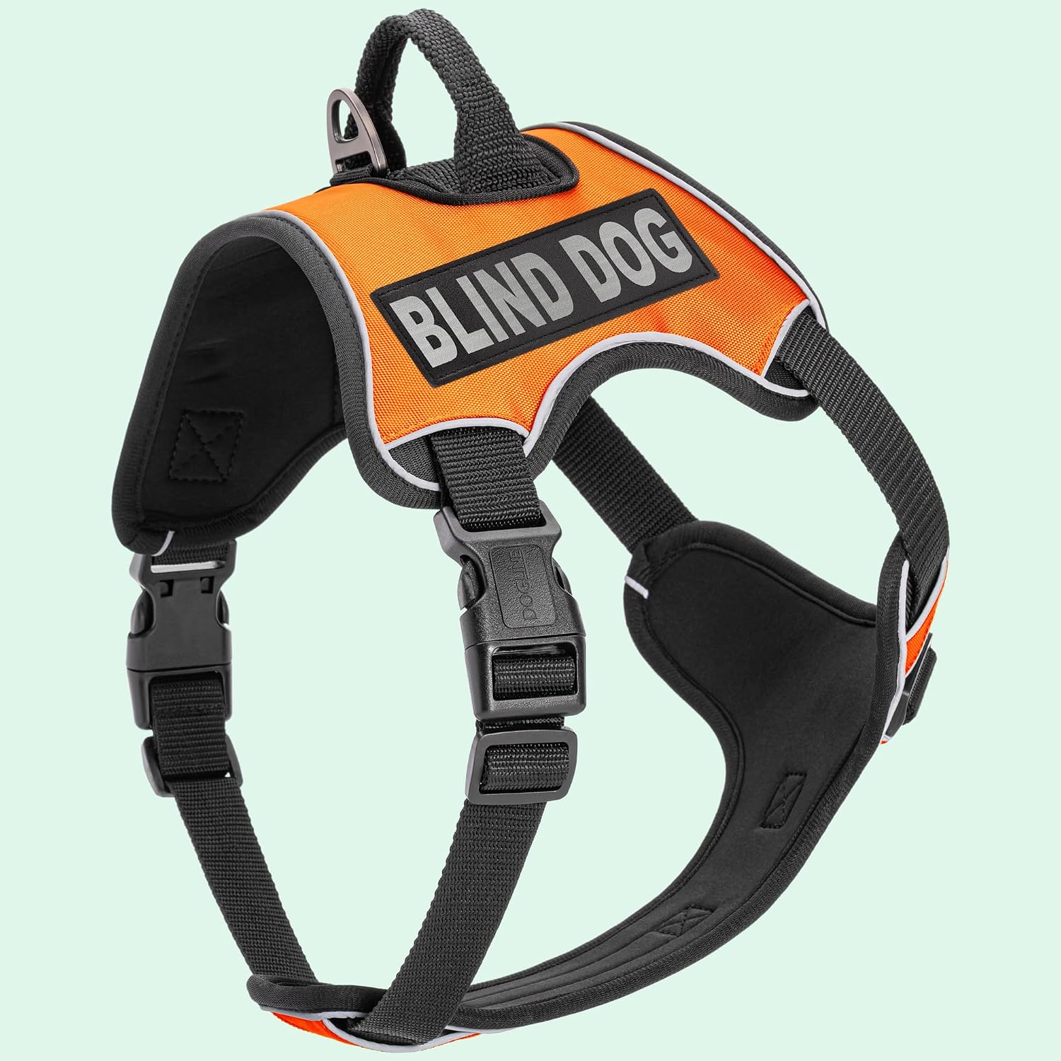 Dogline Quest No-Pull Dog Harness with Blind Dog Reflective Removable Patches Reflective Soft Comfortable Dog Vest with Quick Release Dual Buckles Black Hardware and Handle 18 to 22 inches Orange