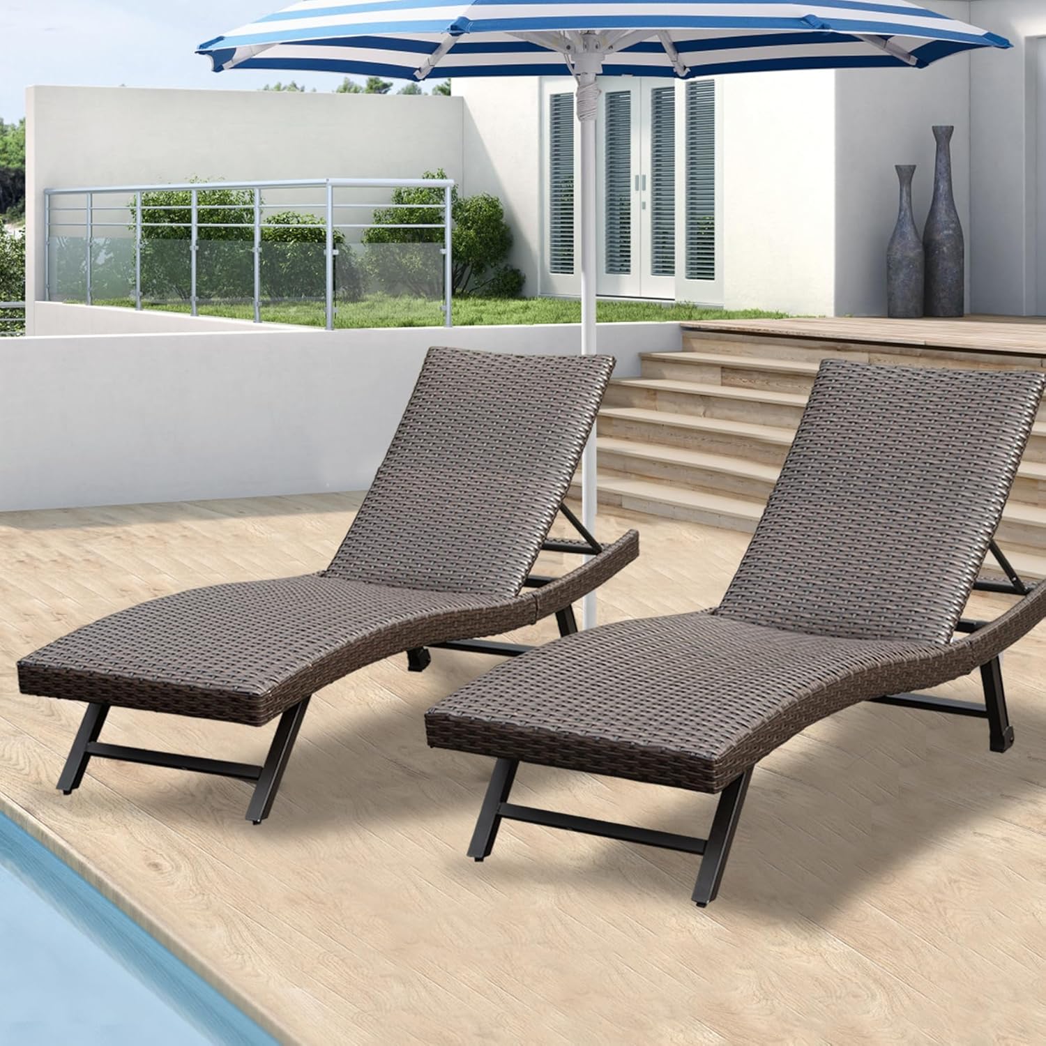 domi outdoor living Outdoor Chaise Lounge - Set of 2 Patio Reclining Chair Furniture Set Beach Pool Adjustable Backrest Recliners Padded with Quick Dry Foam