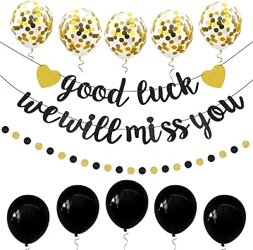 Good Luck We Will Miss You Banner Glitter Black Gold Banner Balloon Garland Decorations Supplies for Retirement Party Goodbye Party Going Away Party Graduation Leaving Away Office Home Farewell Party
