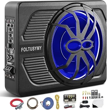 FOLTUSYMY 2025 Advanced 10" 1000W Slim Under Seat Powered Car Subwoofer, High/Low Level Input, Car/Truck Audio Sub Built-in Amplifier amp Combo Package, with Blue LED Light