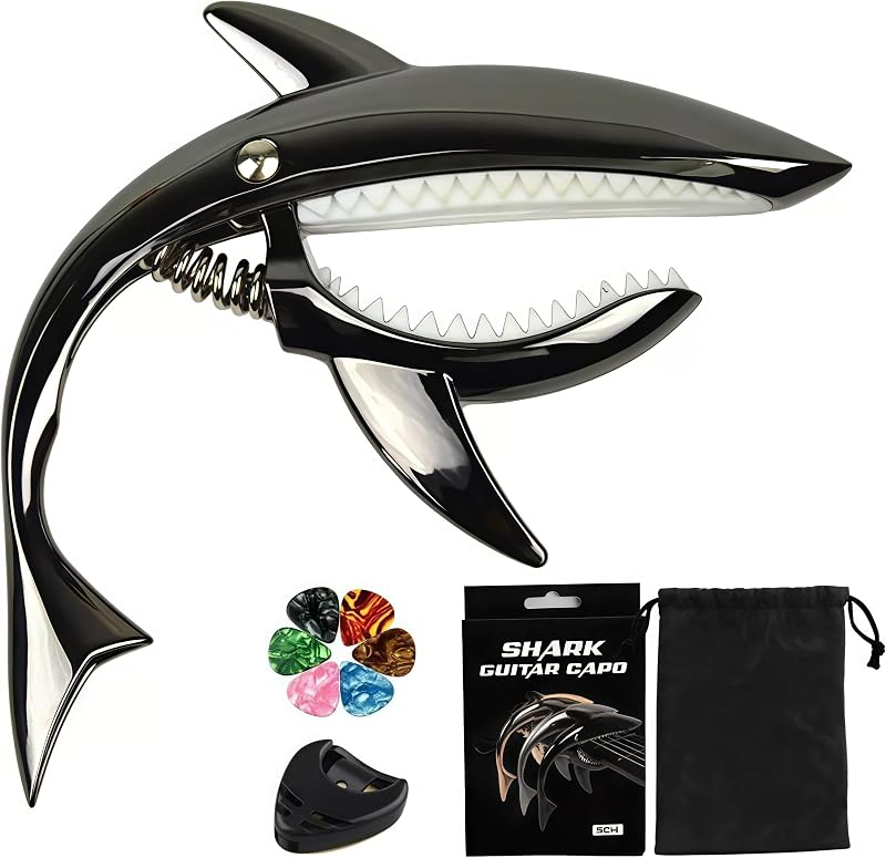 Cejilla para guitarra con forma de tiburón, cejilla acústica, guitarras eléctricas, capo de aleación de zinc premium, accesorios para guitarra, ukelele, mandolina, banjo, bajo (negro con 6 púas)
