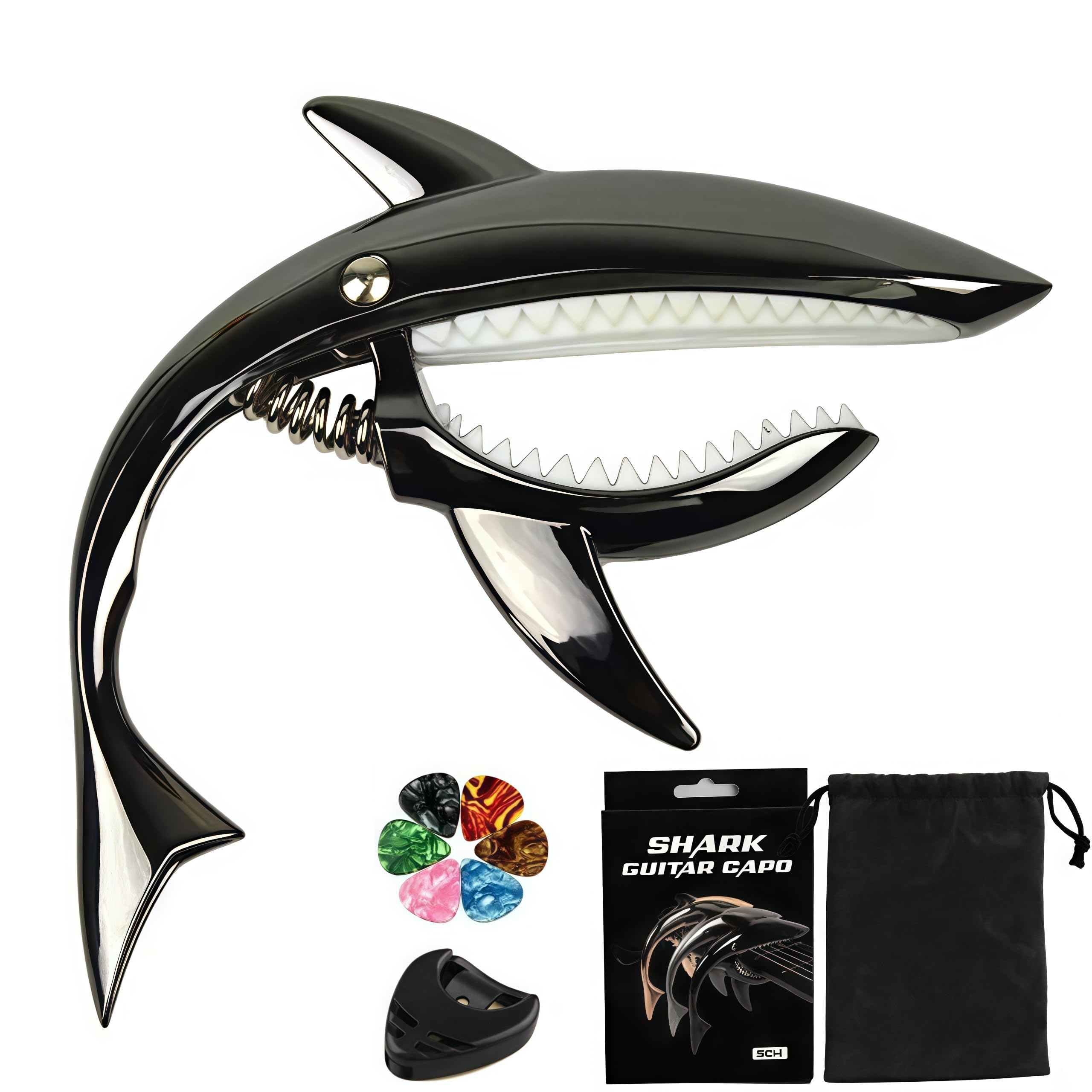 Cejilla de guitarra con forma de tiburón Cejilla acústica, Cejilla de guitarra eléctrica, accesorios de guitarra de aleación de zinc premium, ukelele mandolina, banjo bajo (negro con 6 púas)