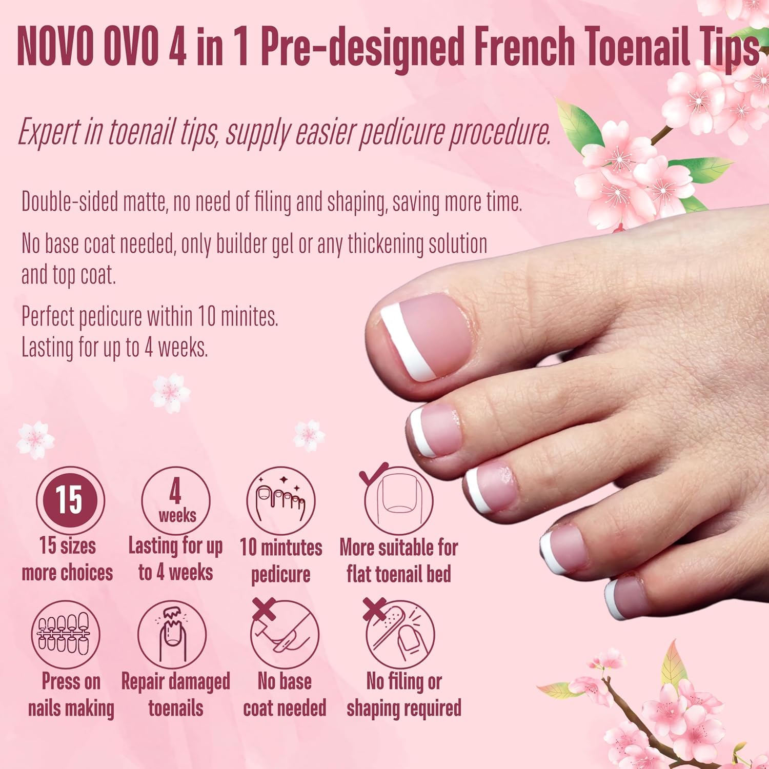NOVO OVO Fake Toe Nail Tips Press on, French Tip Soft Gel Toenail Extension, BERRY PINK Square Round Pre-applied Tip Primer & Base Coat, Full Cover Matte False Nails for DIY x 15 Sizes 360Pcs image 3