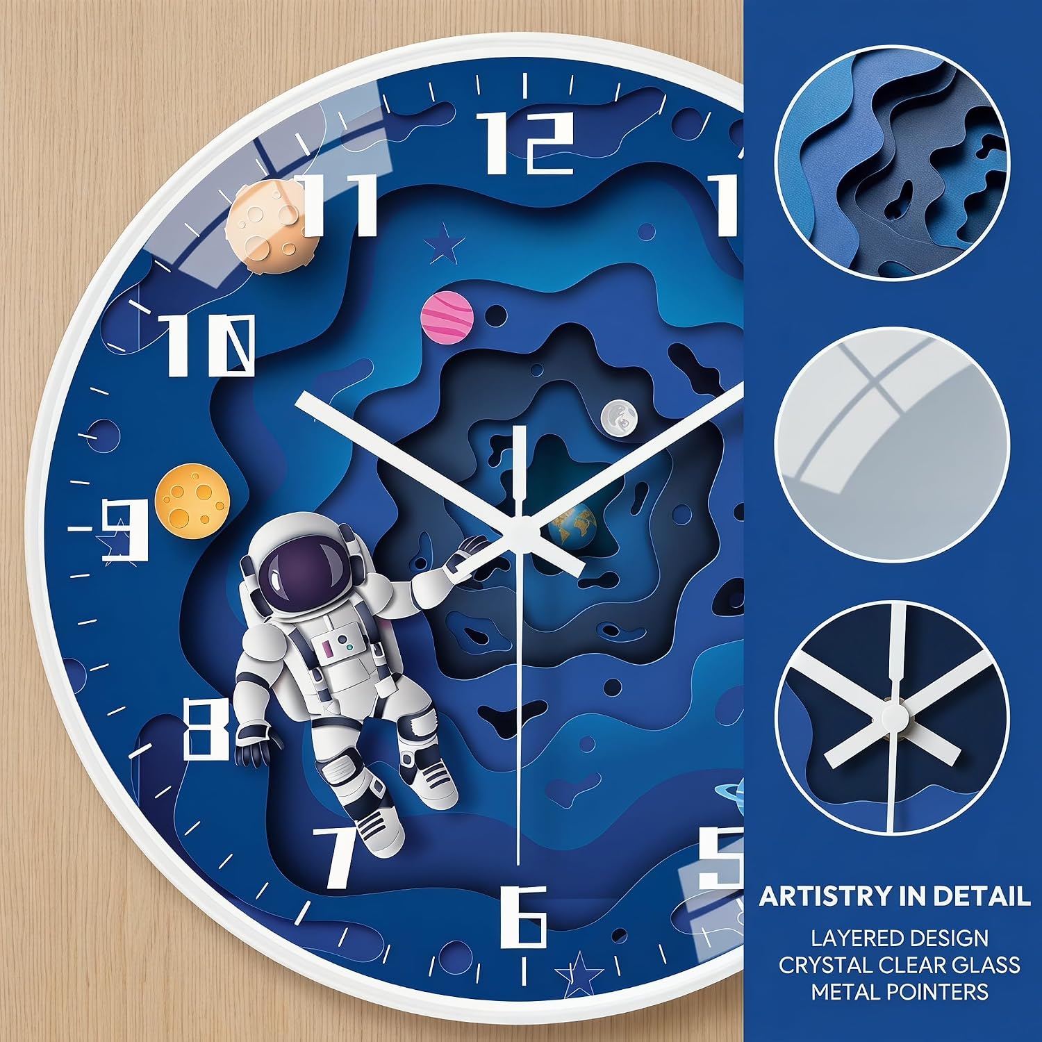 THIDARGO Kids Space Theme Wall Clock, Silent Quartz Movement, Large Easy-Read Numerals, Astronaut Rocket Design, HD Glass Cover, ABS Frame Clock for Bedroom/Study Room/Living Room (Blue-A, 10in)