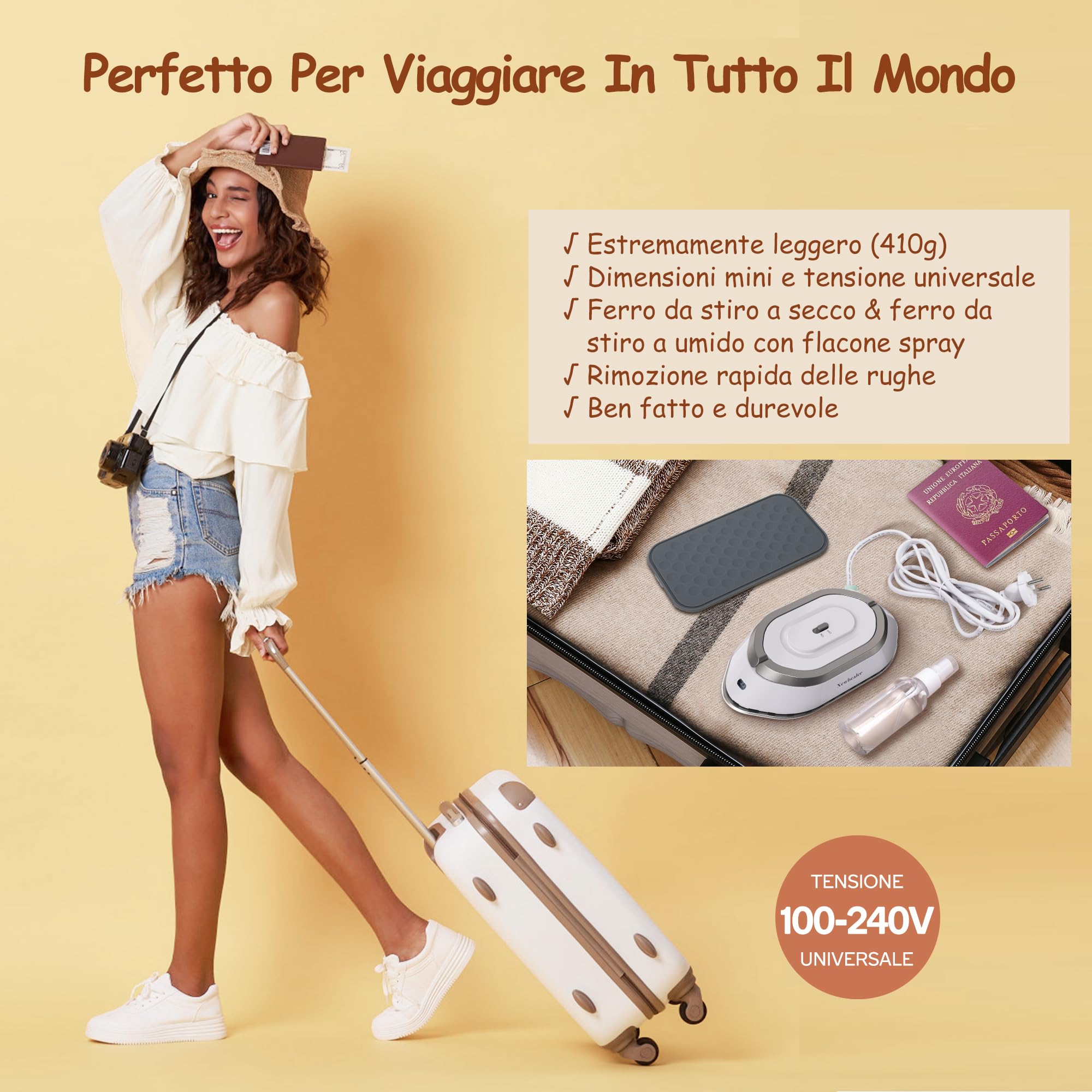 Newbealer Ferro da Stiro da Viaggio, Ferro da Viaggio Mini Portatile Leggera Compatto senza Vapore, Stirare i Vestiti, Tensione Universale 100-240V, Bianco