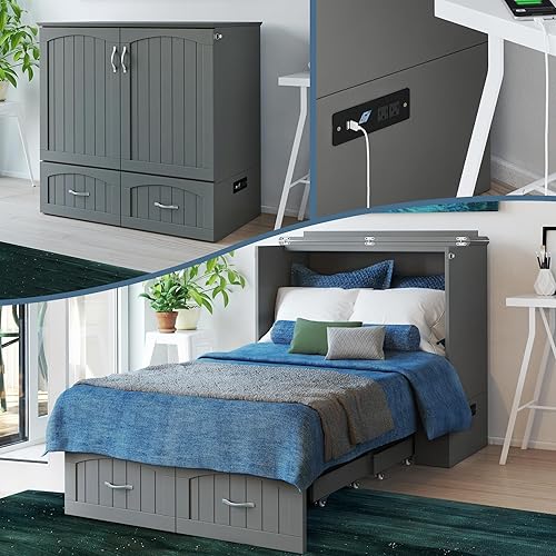 AFI, Southampton Murphy Bed Chest Twin XL with 6" Mattress, Storage Drawer & Built-in USB Charger, Grey