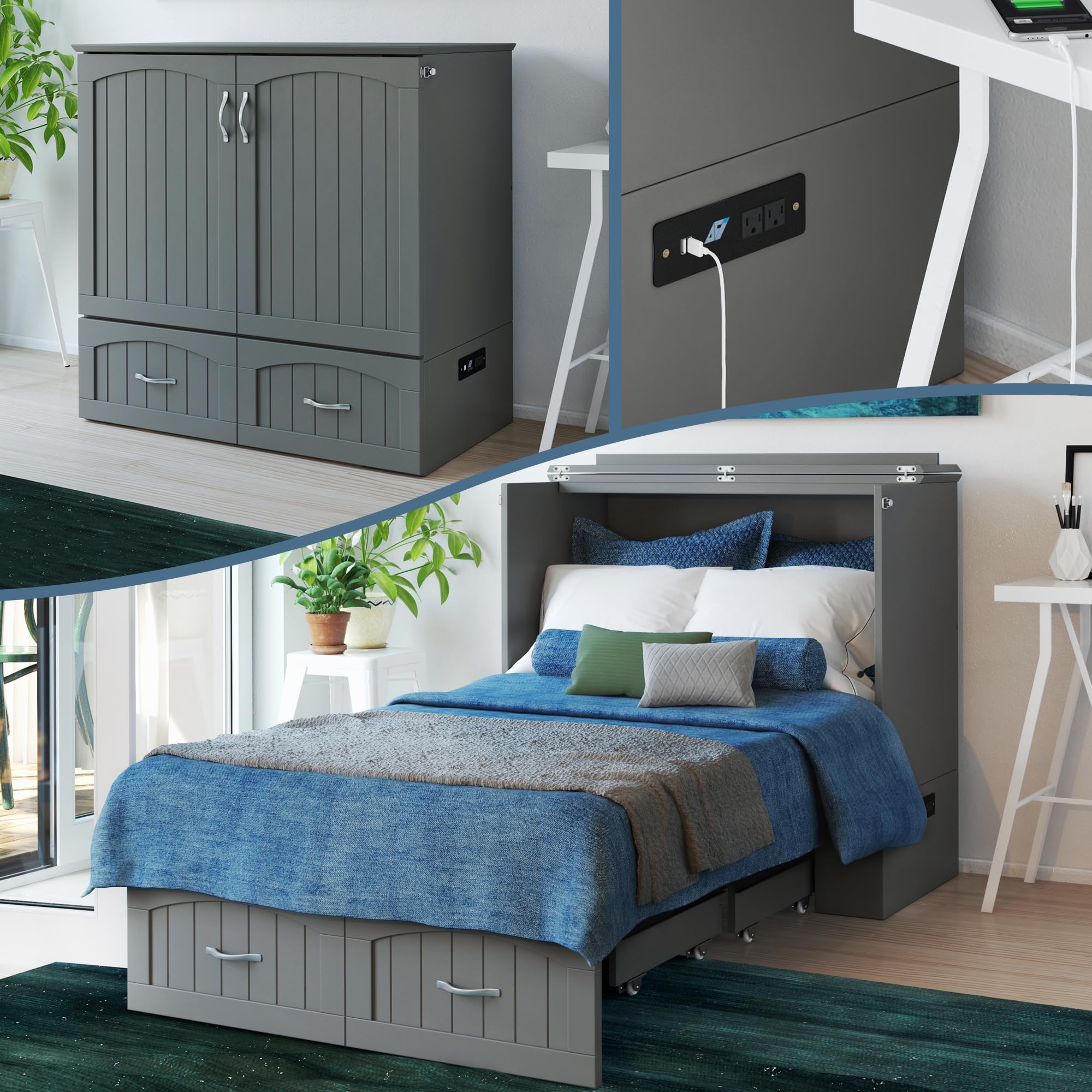 AFI, Southampton Murphy Bed Chest Twin XL with 6" Mattress, Storage Drawer & Built-in USB Charger, Grey