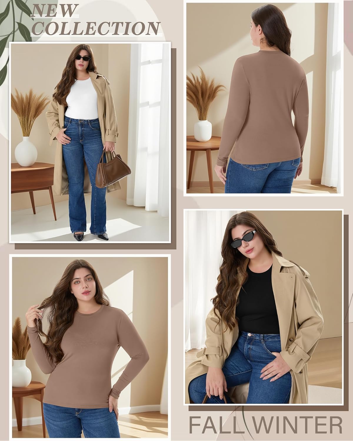 3 Pack Women's Plus Size Long Sleeve Shirts Crew Neck Slim Fitted T Shirt Stretchy Casual Bodycon Basic Tee Tops - Image 2