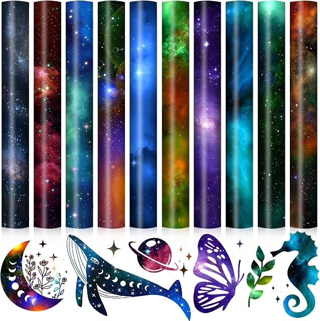 Souarts 10PCS Glitter Heat Transfer Vinyl Bundle Galaxy Theme Glitter Heat Transfer Paper 12''x10''PU Tie Dye Iron on Vinyl for T-Shirts Clothes Bag Hats DIY Craft
