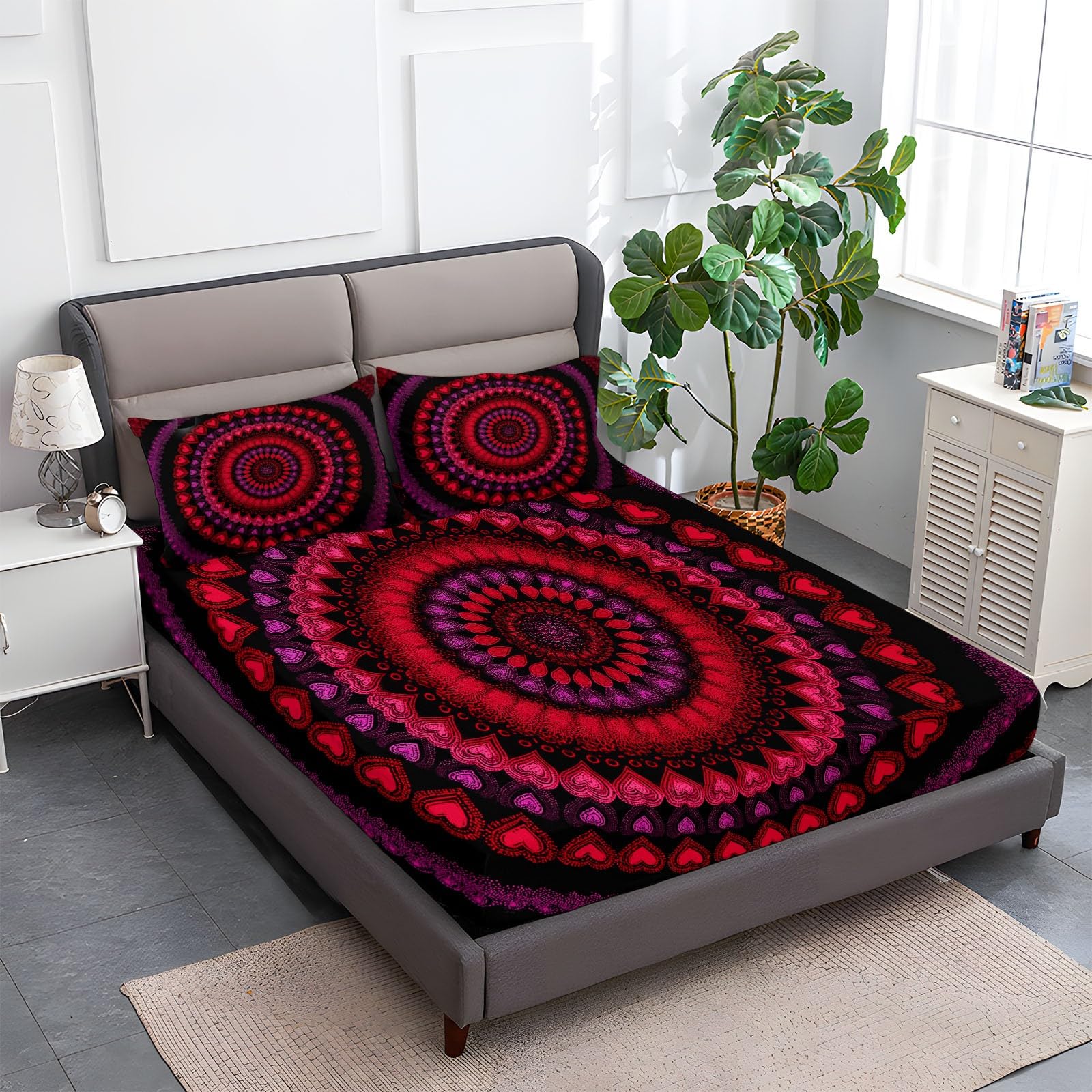 Czerwone prześcieradło z gumką 135 x 190 cm wzór w kształcie serca w stylu mandala, wyjątkowo miękkie i oddychające prześcieradło z mikrofibry z elastyczną taśmą na materac o wysokości 30 cm