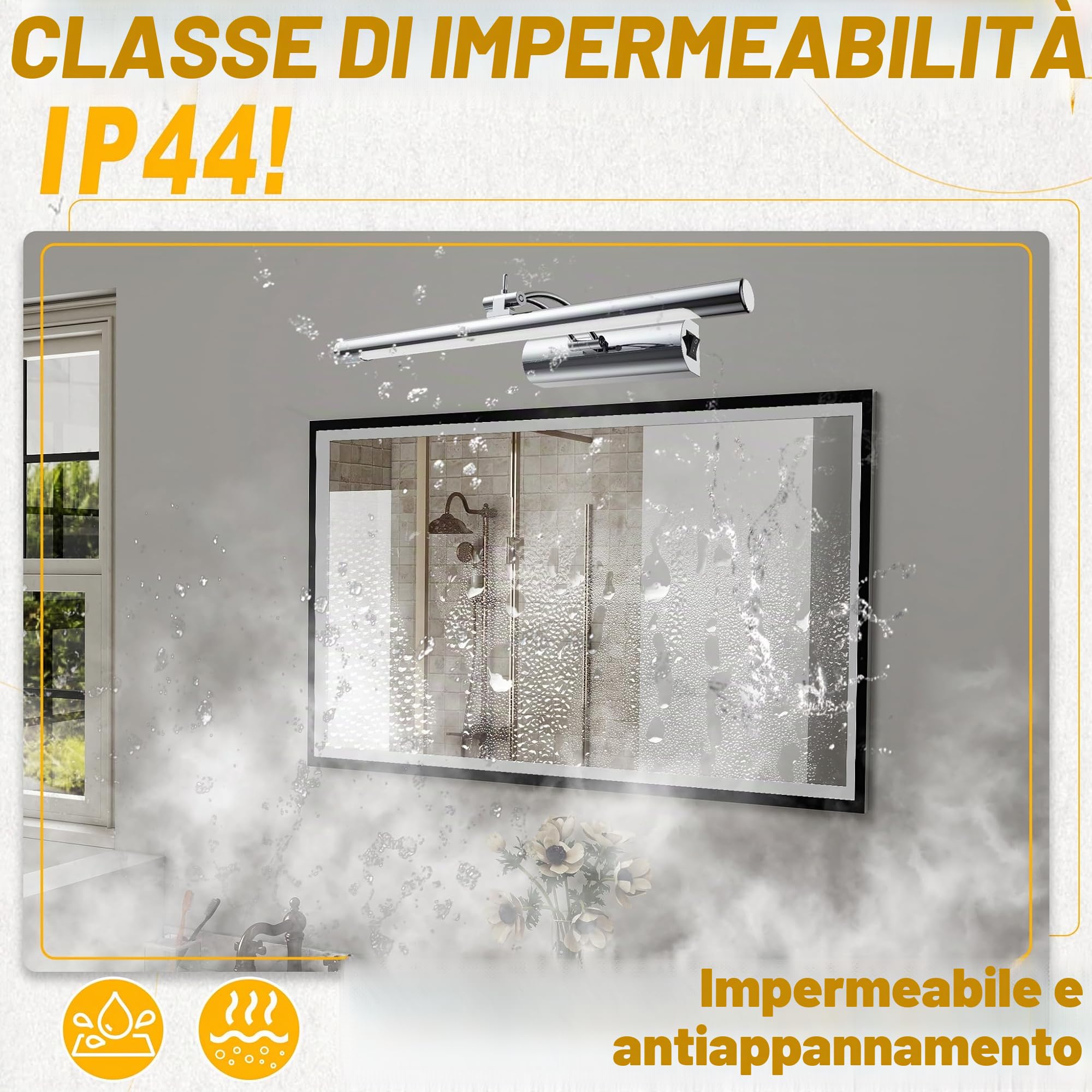 UISEBRT Lampada LED per specchio da bagno, 10 W, 40 cm, tubo fluorescente regolabile a 180°, base con interruttore, lampada da bagno in argento, per illuminazione da parete e specchio, tipo C, bianco