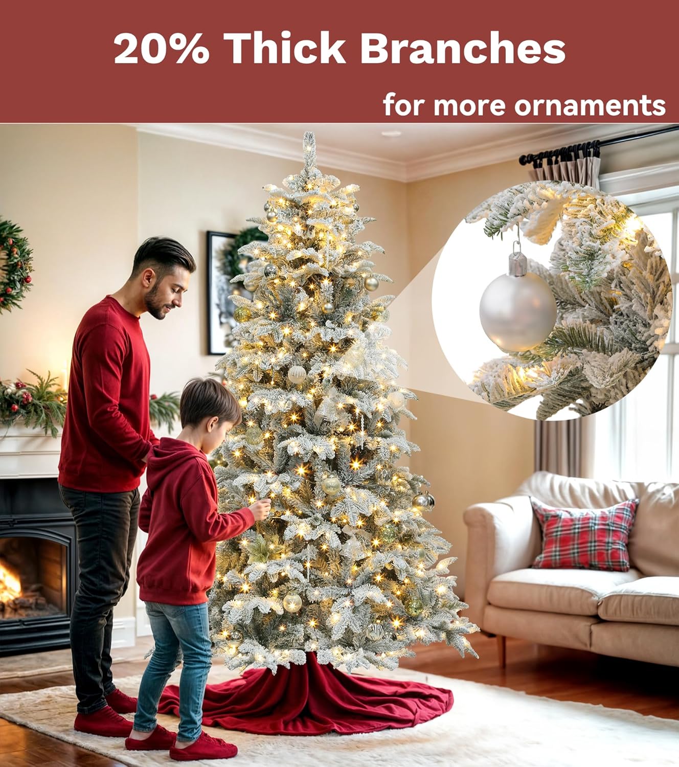 DWVO Flocked Layered Christmas Tree Prelit 6.5ft, Atificial Tree with 350 LED Lights Includes Metal Stand, Full Flocked Xmaxs Trees with 760 Branch Tips, Metal Hinged for Home Party Decoration